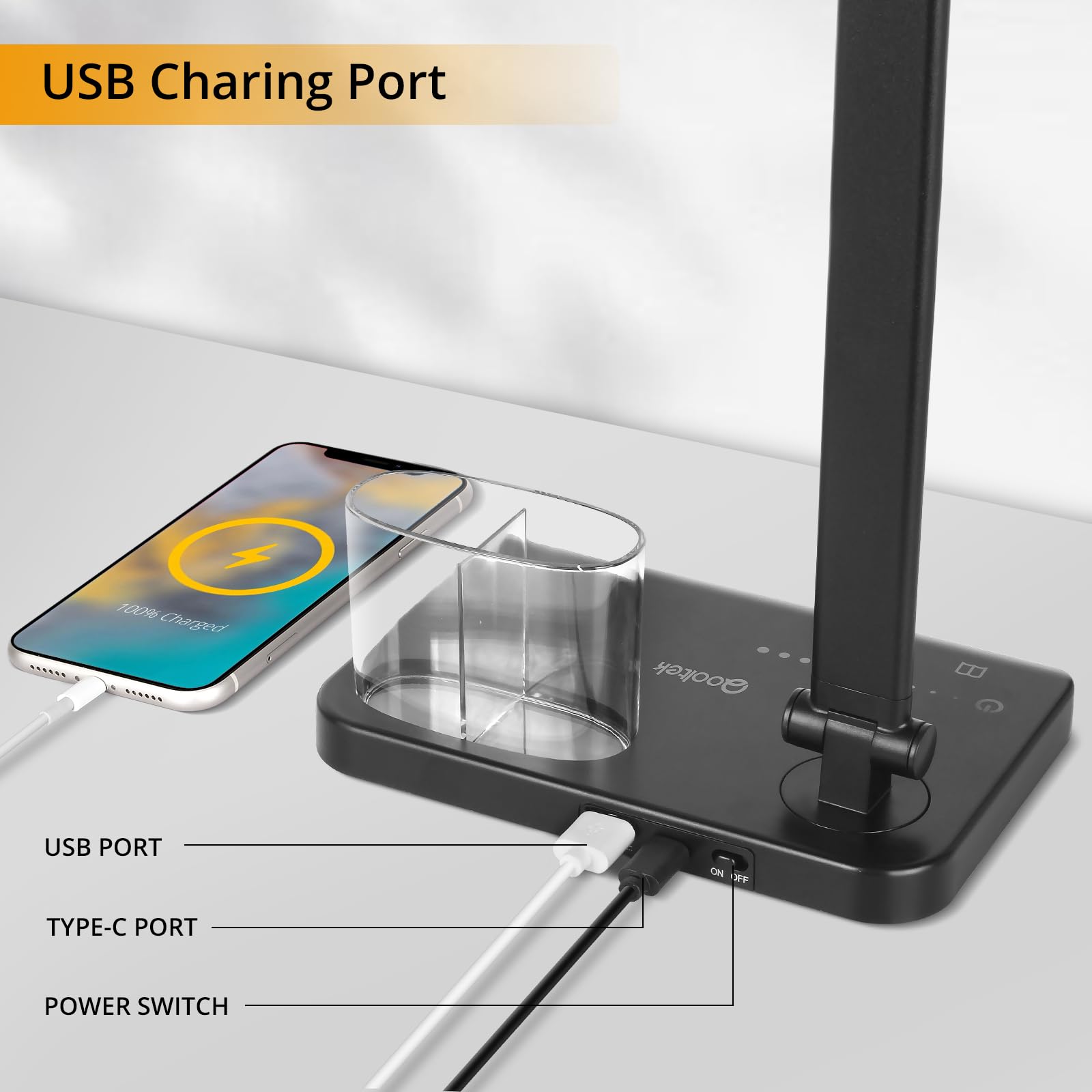 Touch Control LED Desk Lamp with 5 Color Modes & Dimmable Brightness - Adjustable Dual Swing Arm Table Light with USB Charging Port & Pen Holder - Eye-Caring Reading Lamp for Home Office, Study, Work & Gaming (Black)