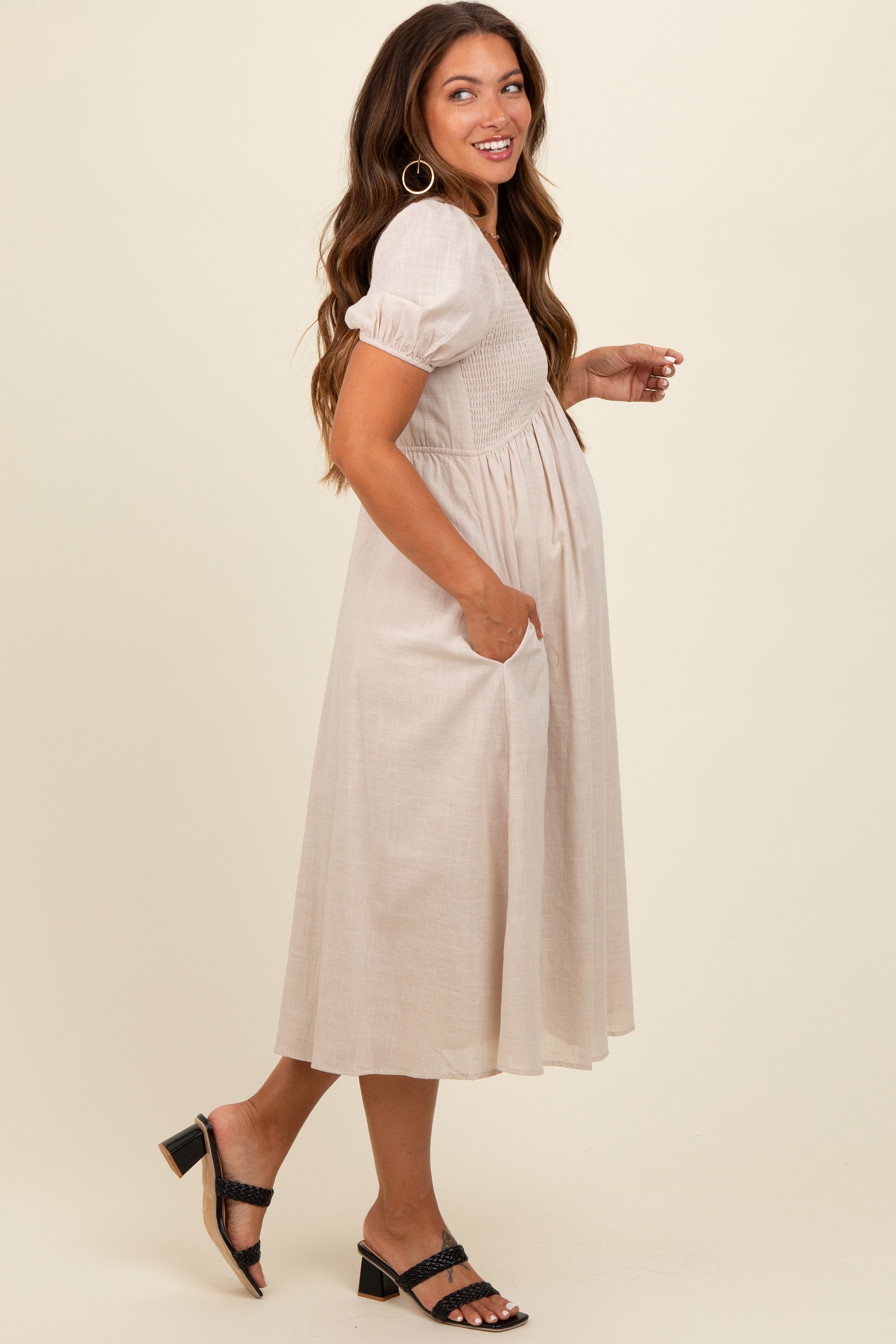 Beige Smocked V-Neck Puff Sleeve Maternity Midi Dress for Pregnancy Photos & Baby Showers - Comfortable Stretchy Flowy Dress for Moms-to-Be