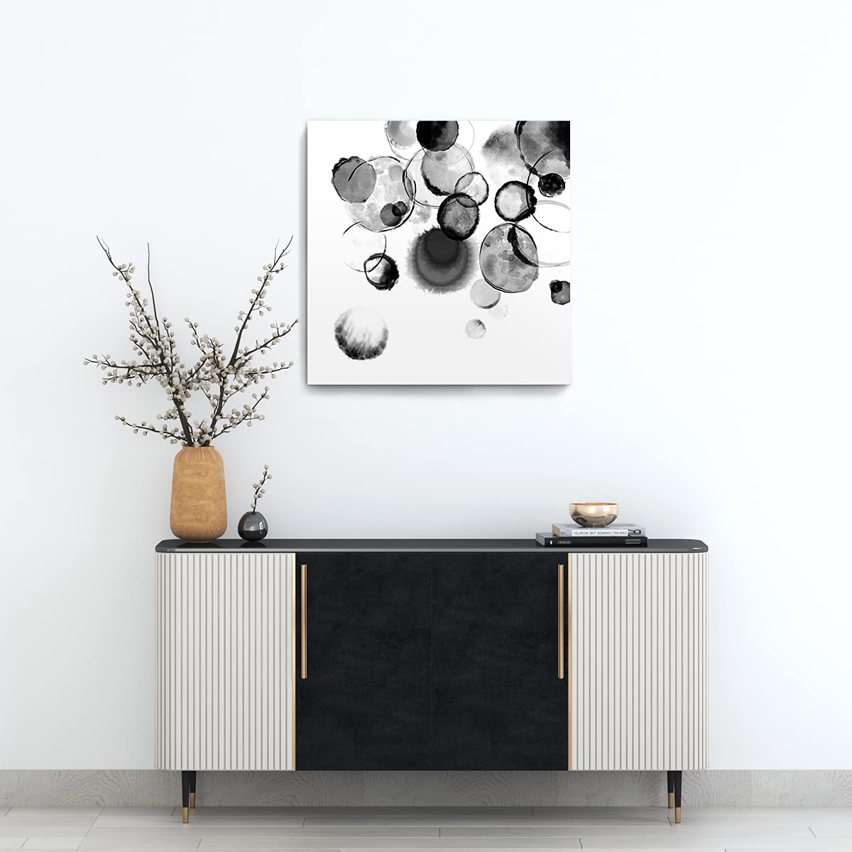 Black and White Bubbles Framed Canvas Wall Art - 20x20 Inch Modern Ink Wash Painting - Ready to Hang for Bedroom, Bathroom, Kitchen & Office Decor - Perfect for Contemporary Home & Workspace Decorations