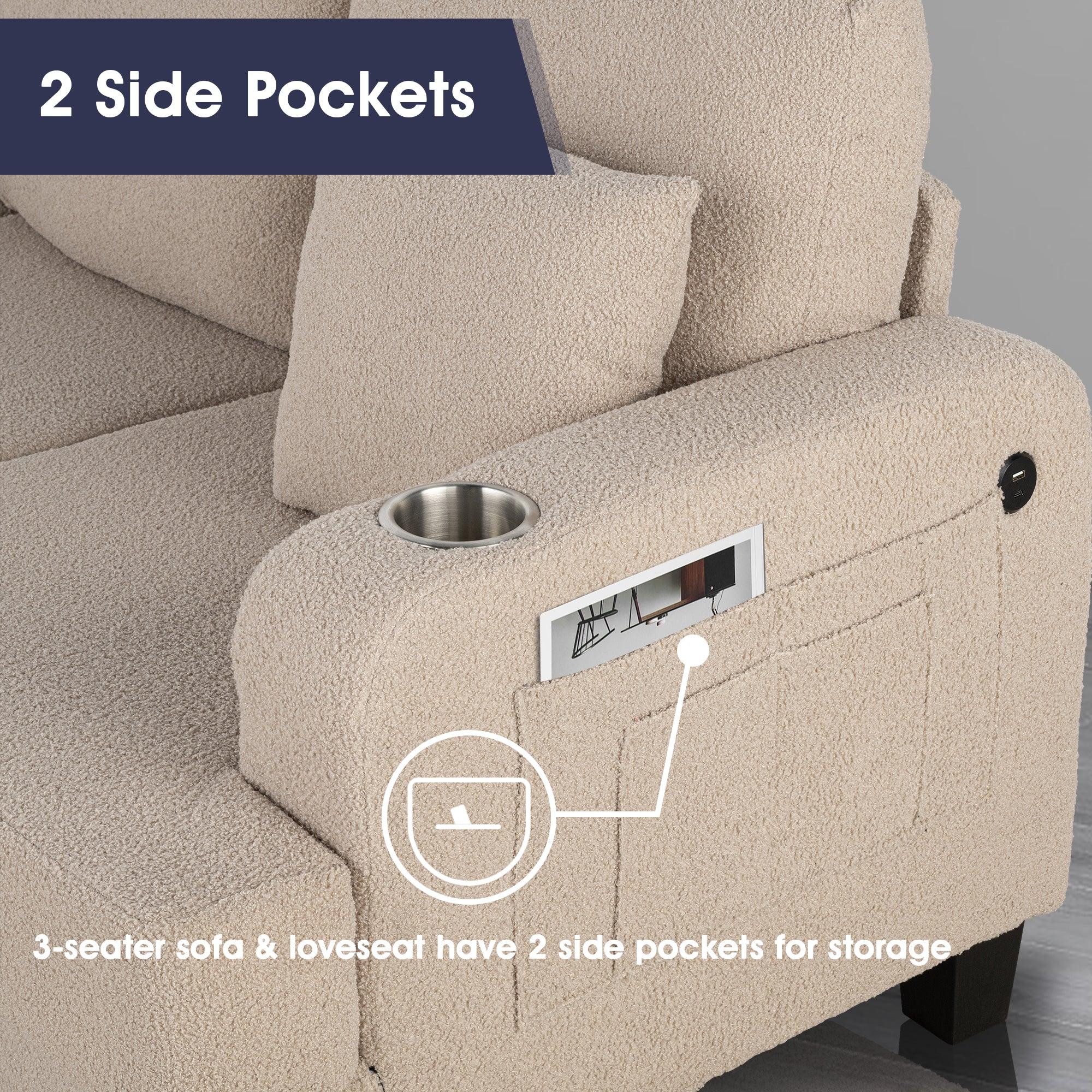 Beige 3-Piece Sofa Set with Storage Ottoman & USB Charging Ports - Modern Living Room Furniture for Small Spaces, Apartments & Home Theater Seating