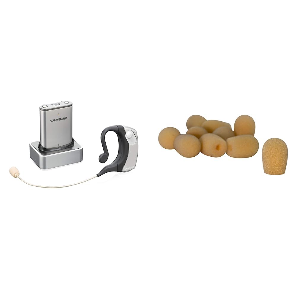 Samson Airline Micro Earset Wireless System with Water-Resistant Transmitter (Channel K2) & On-Stage ASWS20N10 Tan Windscreens - 10 Pack for Headset Microphones | Perfect for Live Performances, Podcasting, and Broadcasting
