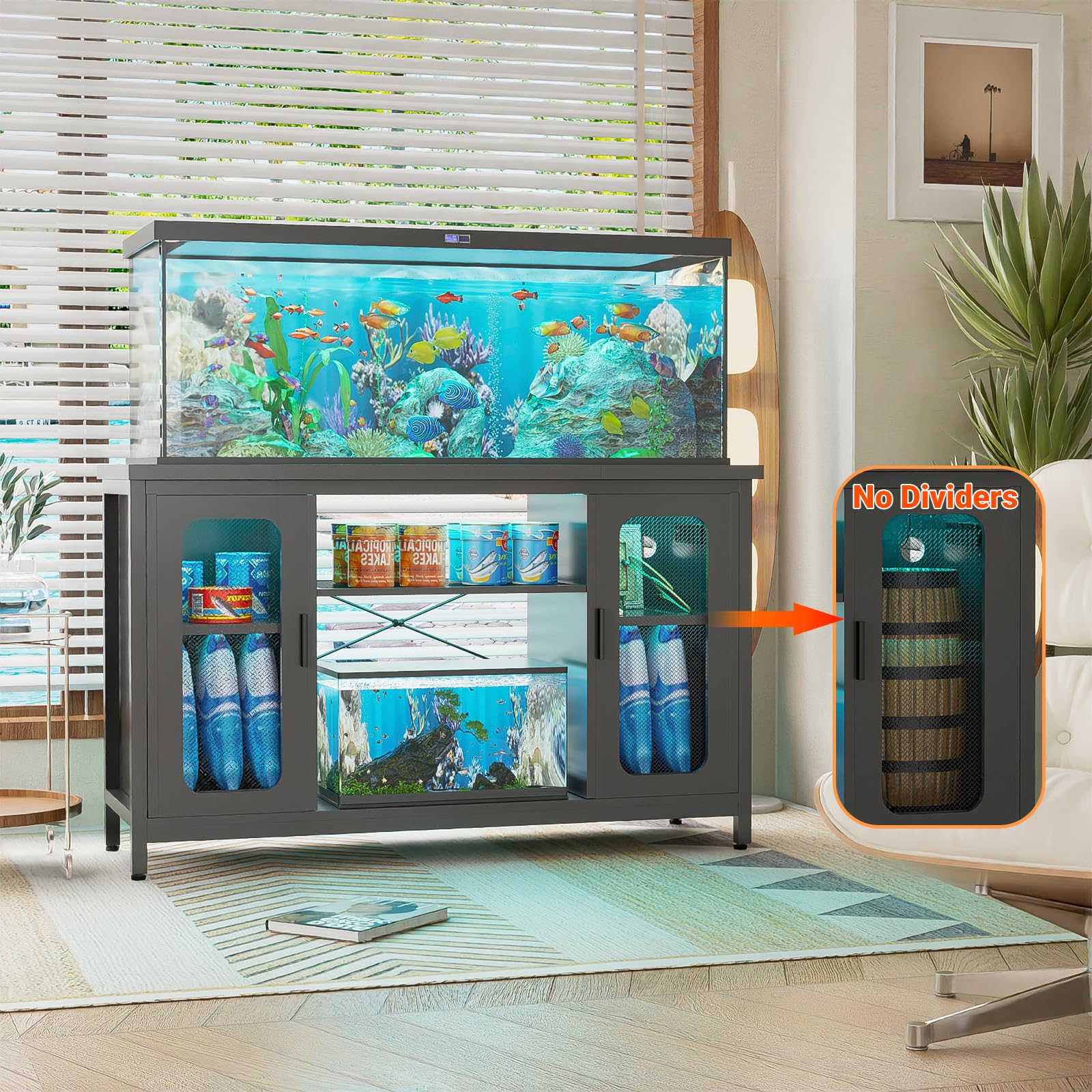 Unikito 55-75 Gallon Reptile Tank Stand with Power Outlets & LED Light - Metal Aquarium Stand for Terrariums, Fish Tanks, Turtle Habitats - Reversible Cabinet Design in Black | Perfect for Reptile Enclosures, Home Decor & Pet Habitat Setup