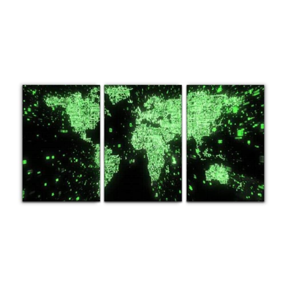 Modern Green Computer Circuitry Canvas Wall Art - Binary Data Stream Landscape Oil Painting for Home, Office & Bedroom Decor - Set of 3 Framed Prints (16x24 Inches) | Tech-Themed Interior Design & Digital Art Lovers Gift