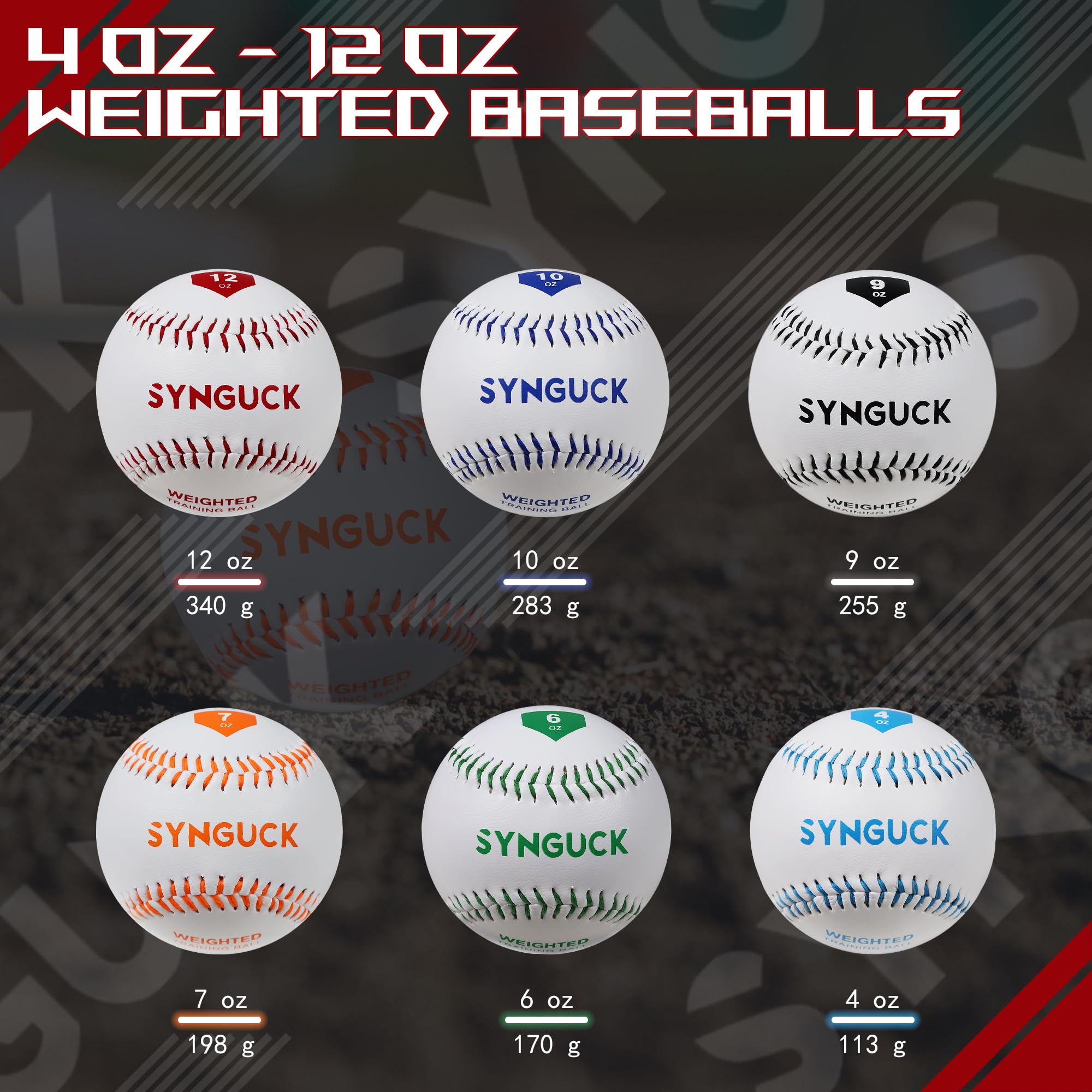 SYNGUCK Weighted Baseballs Set of 6 (4/6/7/9/10/12oz) - Improve Pitching Speed & Strength Training for Baseball Players - Perfect for Pitching Practice, Velocity Training & Arm Conditioning