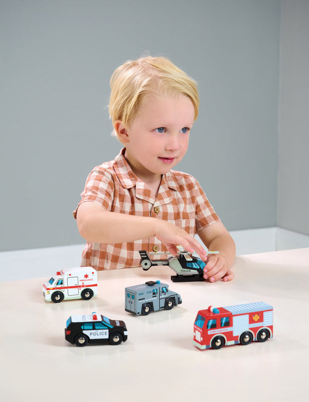 Wooden Toy Emergency Vehicles Set - Fire Truck, Police Car & Ambulance for Kids - Perfect for Imaginative Play, Birthday Gifts & Preschool Learning