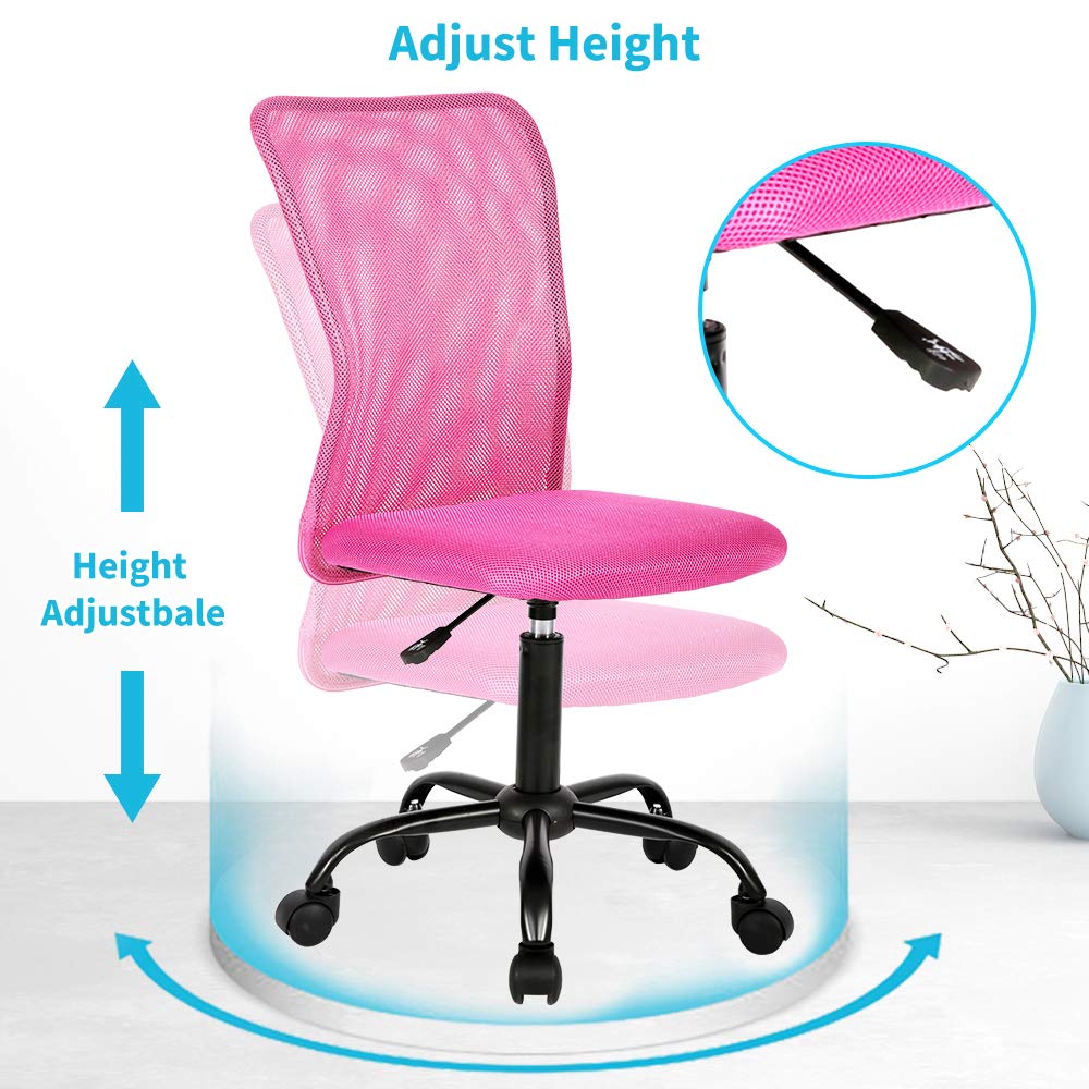 Ergonomic Mesh Office Chair - Adjustable Height Mid Back Computer Desk Chair with Swivel & Rolling Wheels, No Armrest Modern Task Chair for Home Office (Pink) - Perfect for Long Work Hours & Remote Workspaces