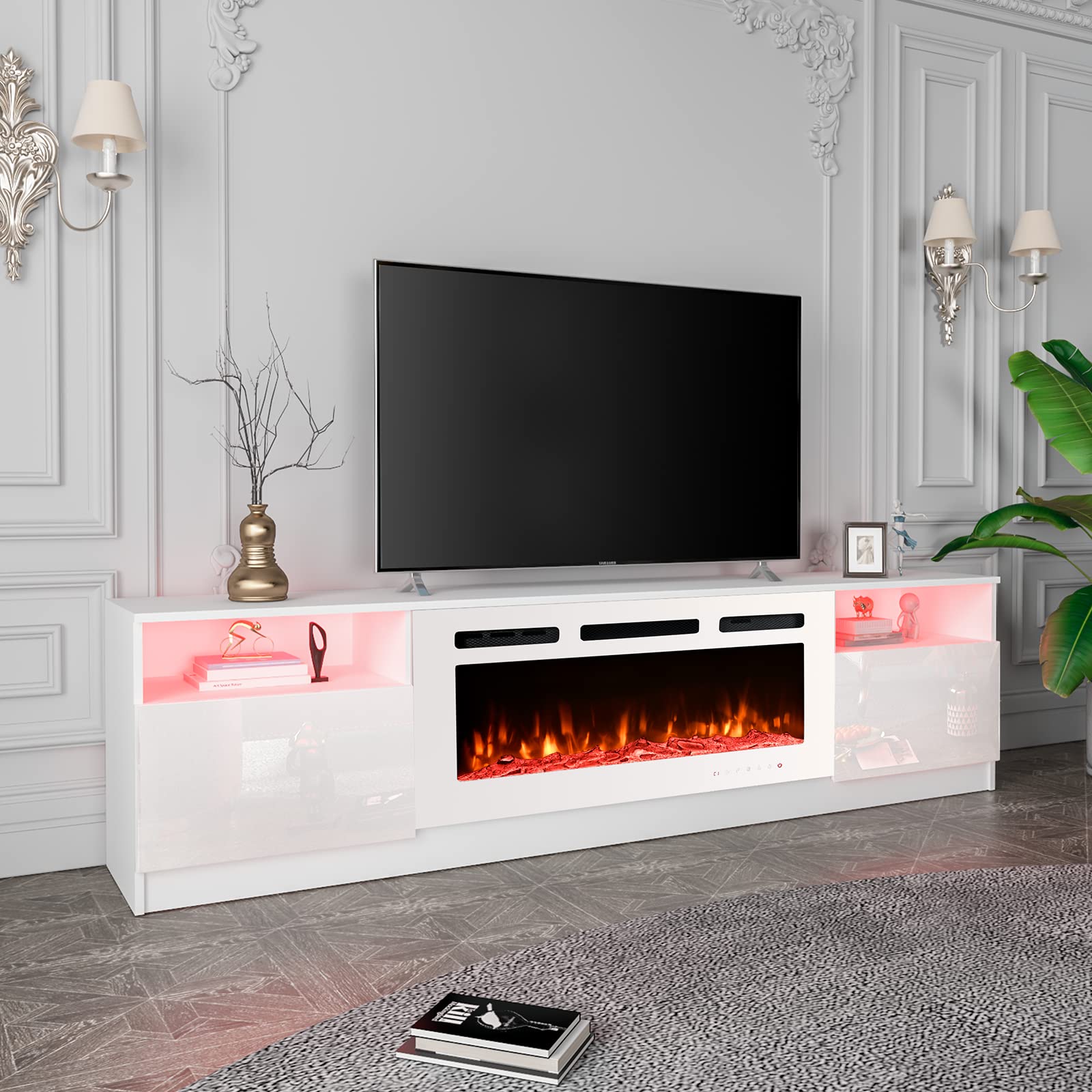 80'' Fireplace TV Stand with 40'' Electric Fireplace Heater - 16 Color LED Lights & 12 Flame Effects - Entertainment Center for TVs up to 90'' - Modern White TV Console for Living Room - Perfect for Home Theater Setup & Cozy Winter Nights