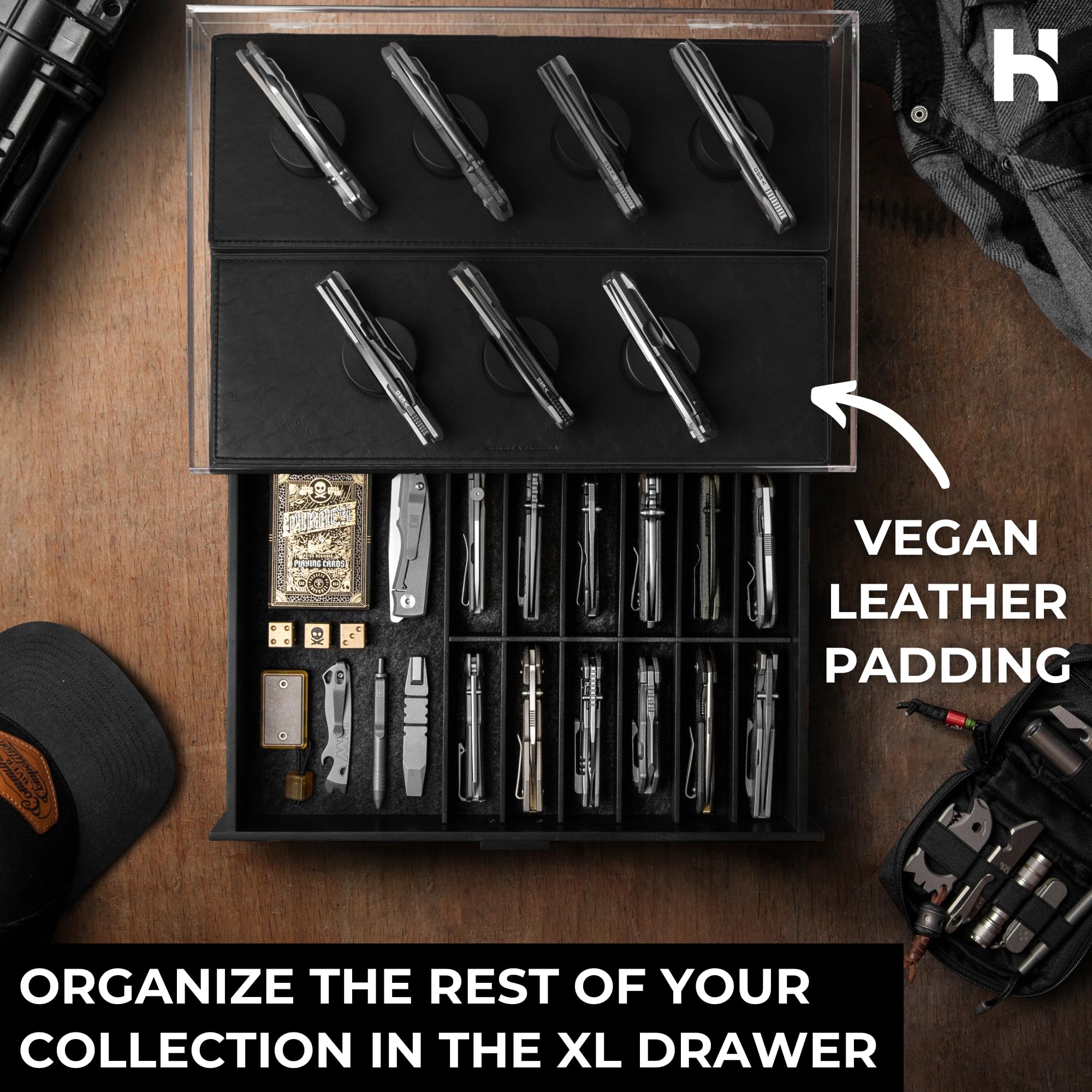 Premium Wooden Knife Display Case for 30 Knives - Handcrafted EDC Knife Organizer & Collector's Gift - Durable Luxury Knife Storage Box for Home, Office, or Camping Use