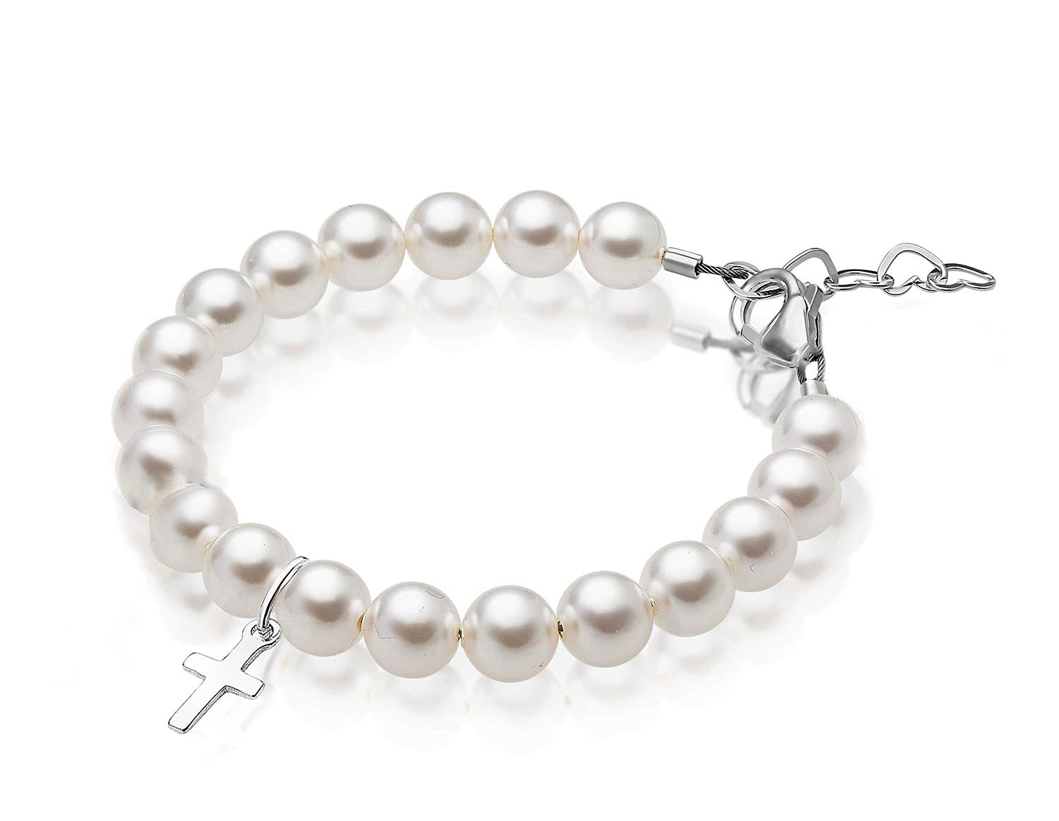 Sterling Silver Cross Charm Bracelet for Girls - Baby Christening & Baptism Gift with White Simulated Pearl - Elegant Jewelry for Newborn, Infant, Toddler & Teens | Perfect for Religious Ceremonies, First Communion & Special Occasions