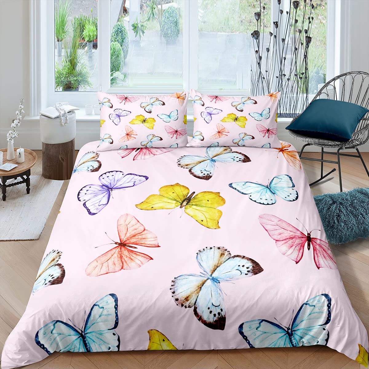 Erosebridal Watercolor Butterfly Printed Duvet Cover Set - Pink Aesthetic Kawaii Comforter for Girls Bedroom, Twin Size Rustic Bedding with Floral Design - Perfect for Kids Room Decor, Teen Bedroom & Boho Chic Nursery