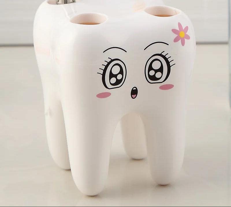 GB Quality 4-Hole Plastic Toothbrush Holder - Tooth-Shaped Bathroom Organizer with Cute Cartoon Design, White (Perfect for Kids' Bathrooms, Dormitories & Travel Storage)