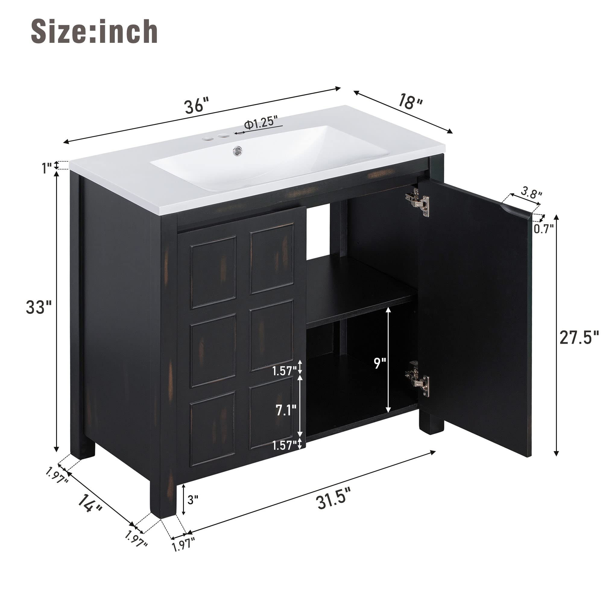 P PURLOVE 36 Inch Modern Bathroom Vanity with Sink Top Combo Set - Single Bathroom Cabinet with Adjustable Shelf, Soft Closing Doors & Wooden Finish - Perfect for Small Bathrooms, Powder Rooms & Home Renovations