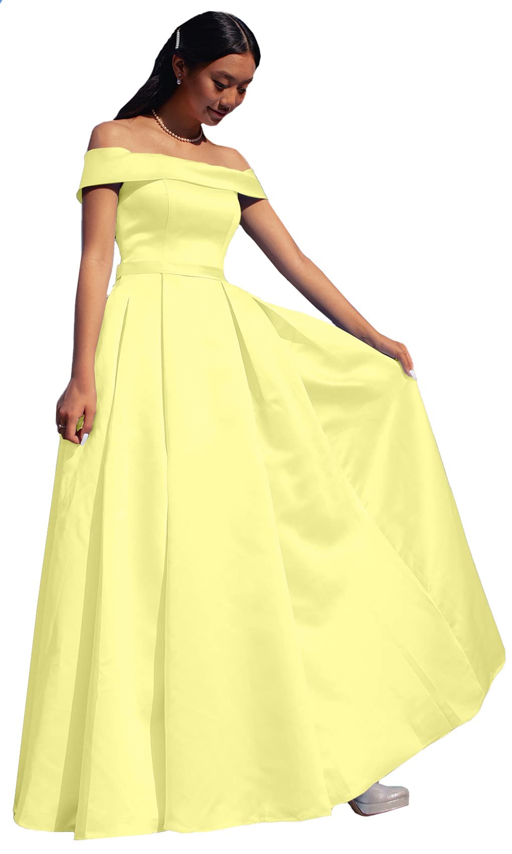 ANGELWARDROBE Women's Long Off Shoulder Prom Dress - Satin A-Line Formal Evening Gown with Slit Pockets | Perfect for Homecoming, Wedding Guest & Cocktail Party