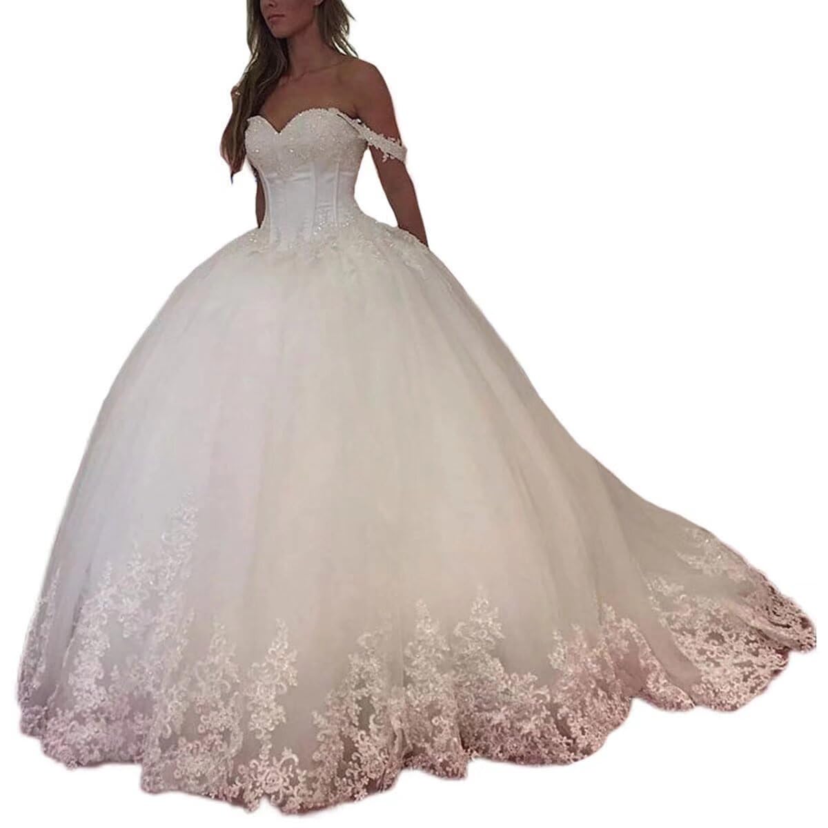 Zhangyo Off The Shoulder Wedding Dress - Puffy Tulle Bridal Gown with Lace Appliques & Beaded Details | Elegant Train for Bride | Perfect for Beach Weddings, Church Ceremonies & Romantic Photoshoots