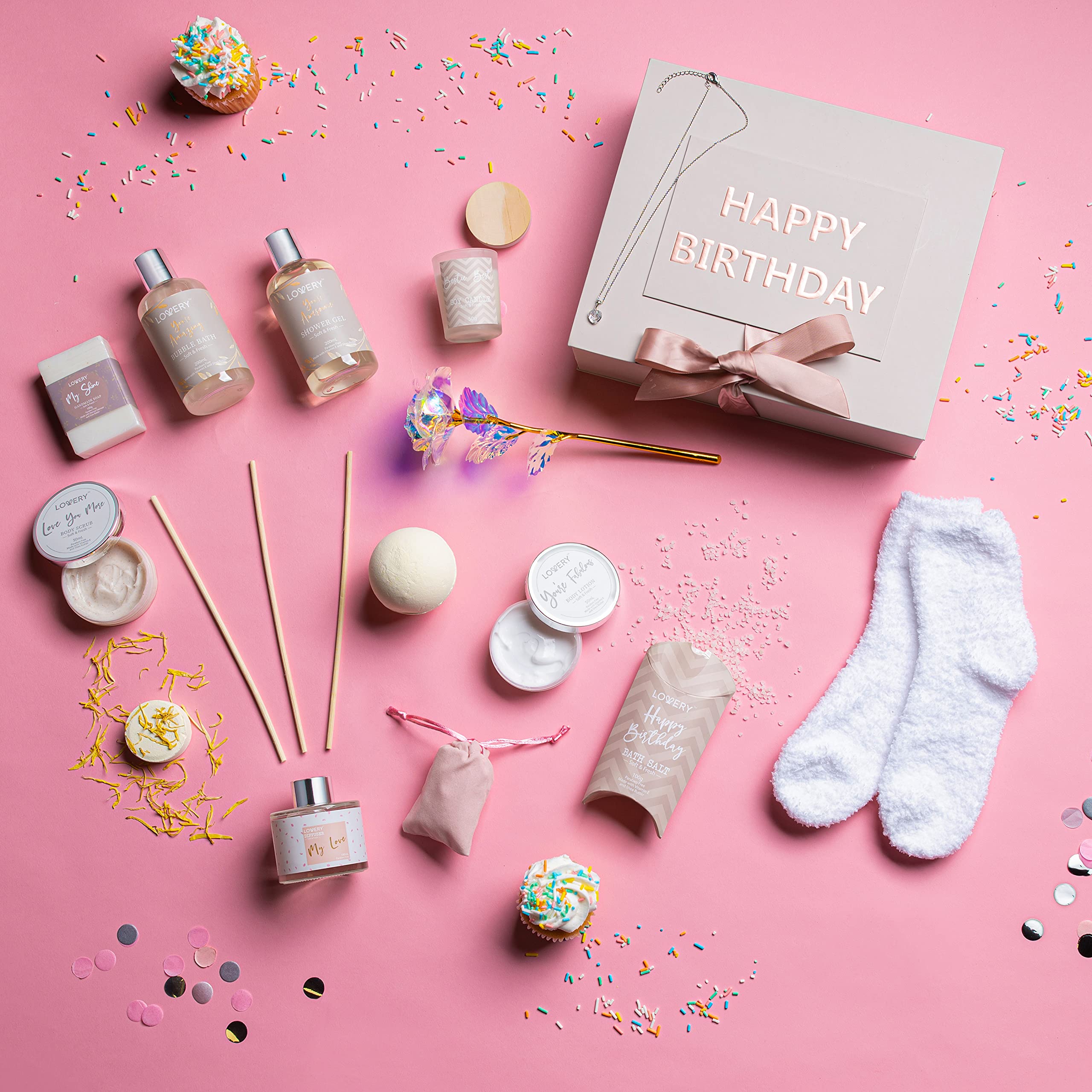 Luxury Birthday Spa Gift Box for Women - Vitamin E Bath Essentials, Aromatherapy Diffuser, Scented Candle & Sterling Silver CZ Heart Necklace - Perfect Birthday Gifts for Her, Mother's Day or Anniversary - Relaxing Self-Care & Pampering Gift Set