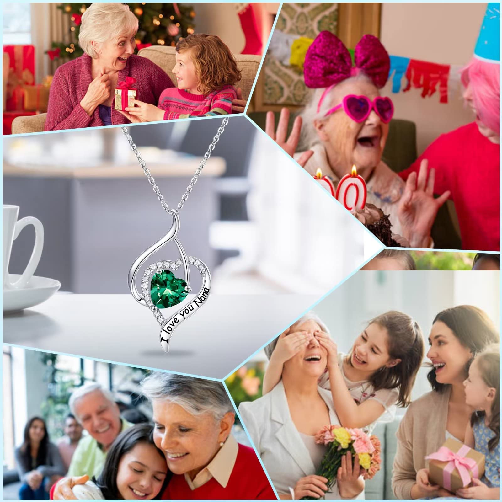 Nana Birthstone Necklace - 925 Sterling Silver Heart Pendant with Created Emerald | Personalized 'I Love You' Jewelry Gift for Grandma | Perfect for Mother's Day, Birthday & Anniversary Gifts