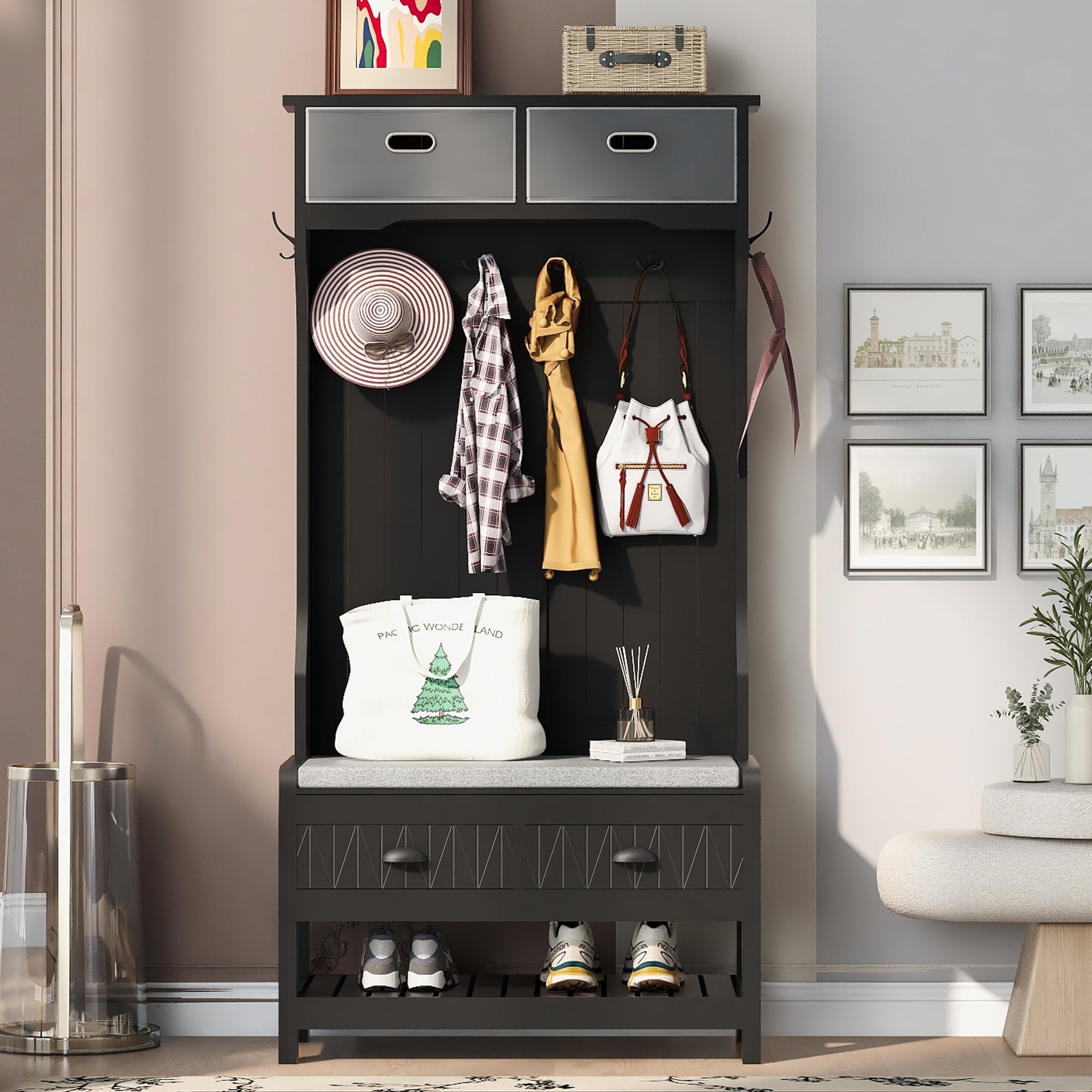 Polibi Hall Tree with Hooks & Storage - Entryway Bench for Living Room & Bedroom