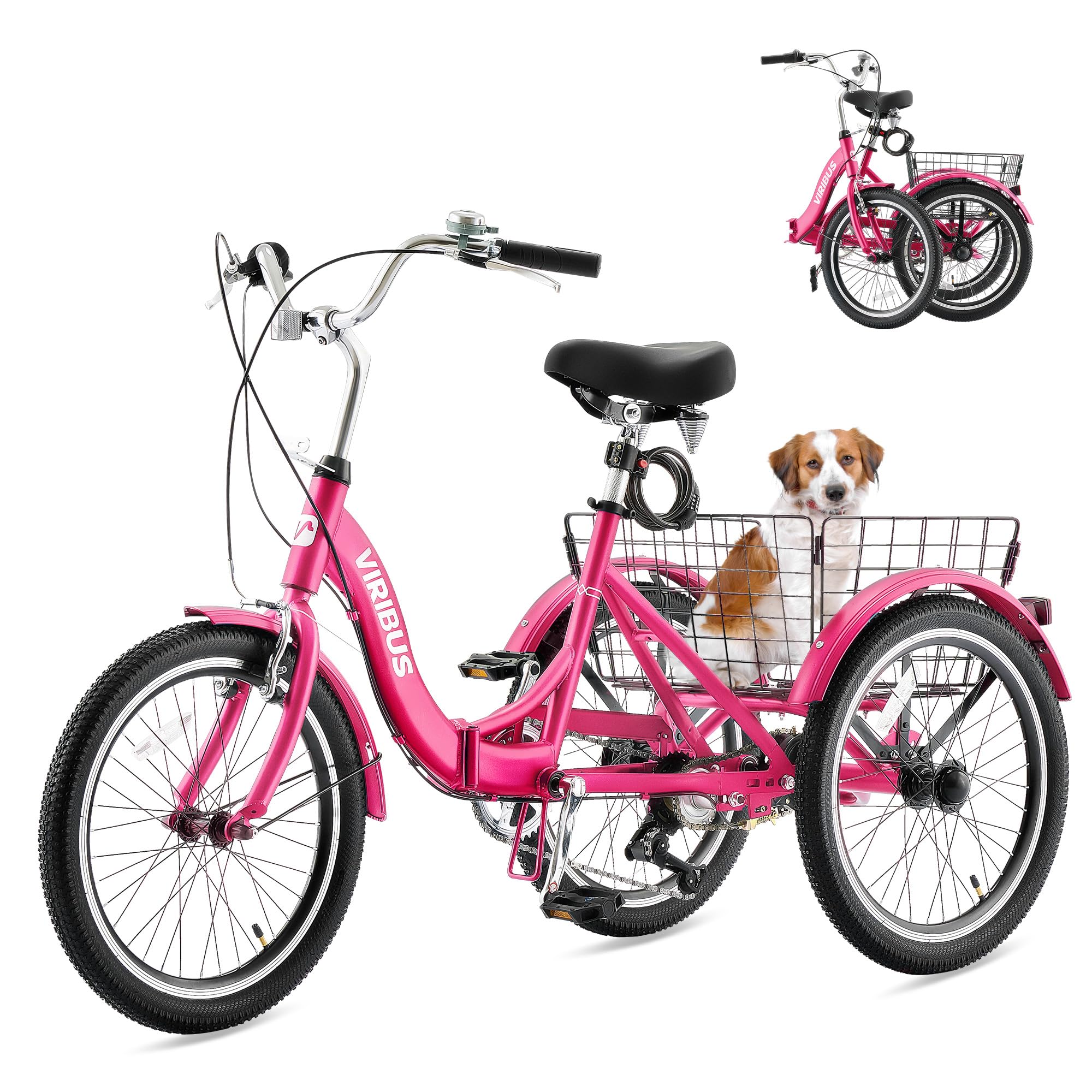 Viribus 20 Inch Folding Adult Tricycle - 1 or 7 Speed 3 Wheel Bike with Lock, Foldable Trike for Men, Women & Seniors (330lb Capacity) - Perfect for Commuting, Shopping & Senior Recreation