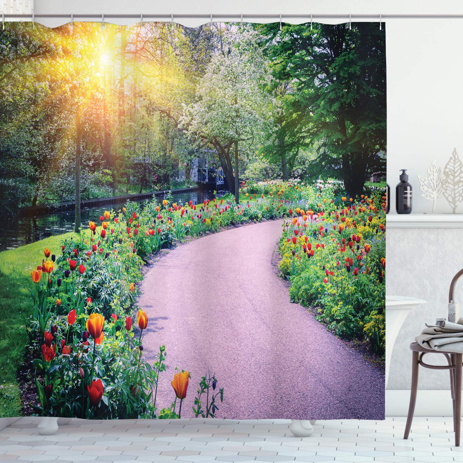 Ambesonne Floral Shower Curtain - Colorful Tulips Spring Landscape, Netherlands Keukenhof Garden Design, 69x75 Inch Waterproof Fabric Bathroom Decor with Hooks - Perfect for Farmhouse, Cottage, or Vintage Style Bathrooms