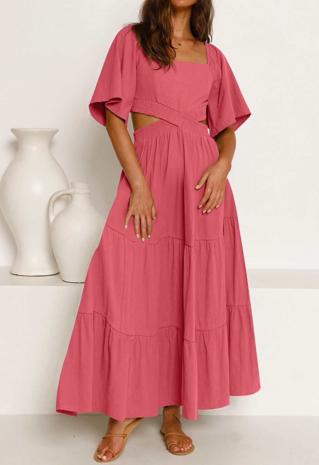 LEANI Women's 2025 Summer Cutout Maxi Dress - Square Neck Short Sleeve Crossover Waist Casual Party Dress for Beach Vacation, Wedding Guest & Date Night Outfits