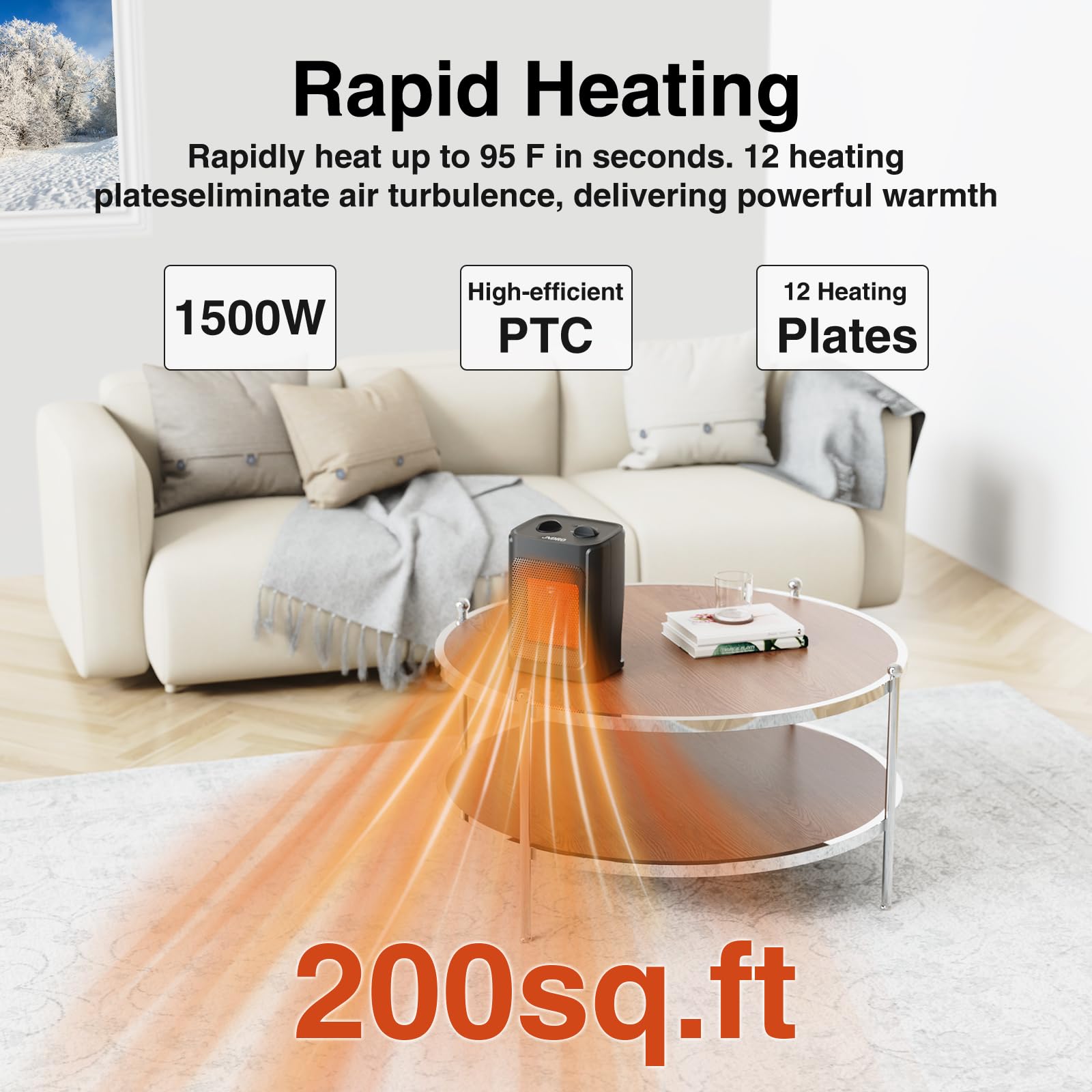 JNDRO 1500W Portable Electric Space Heater with Thermostat - Quiet Ceramic Mini Heater Fan for Room, Office & Desk | Fast Heating up to 200 Sq.Ft | Perfect for Winter, Bedroom, Indoor & Personal Use