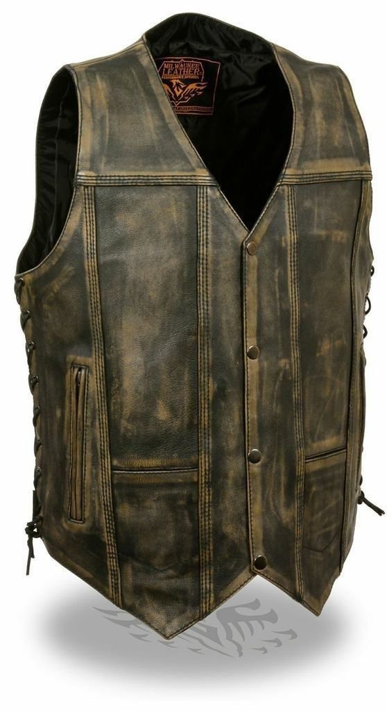 Milwaukee Men's Motorcycle Leather Vest - Distressed Brown with Side Pockets & Laces | Soft & Durable for Riding, Biker Events & Casual Outfits