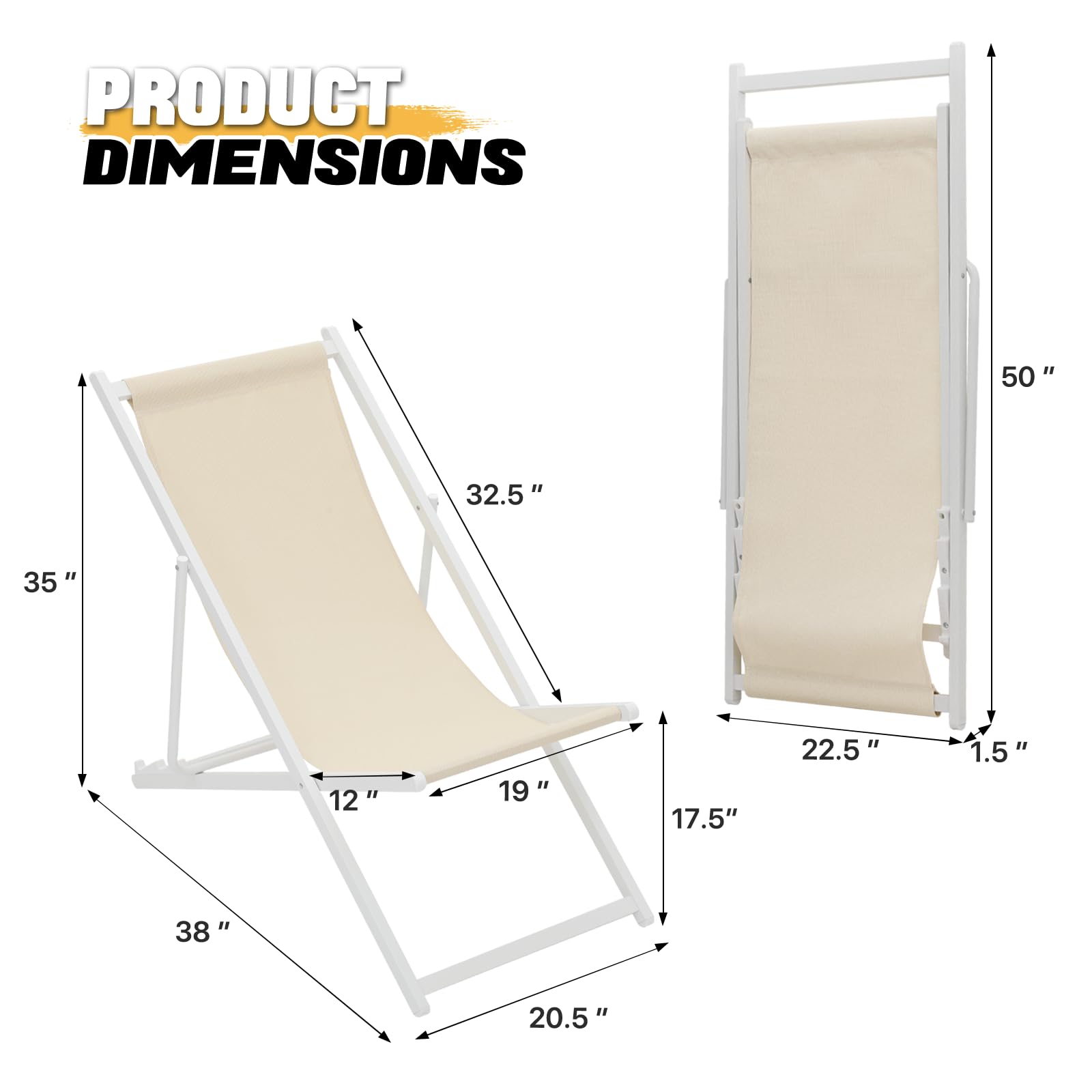 MoNiBloom Foldable Outdoor Adjustable Beach Patio Sling Chairs - Portable Aluminum Frame Lounge Folding Chair Set of 2 (Beige) - Perfect for Poolside, Backyard, Camping & Picnics