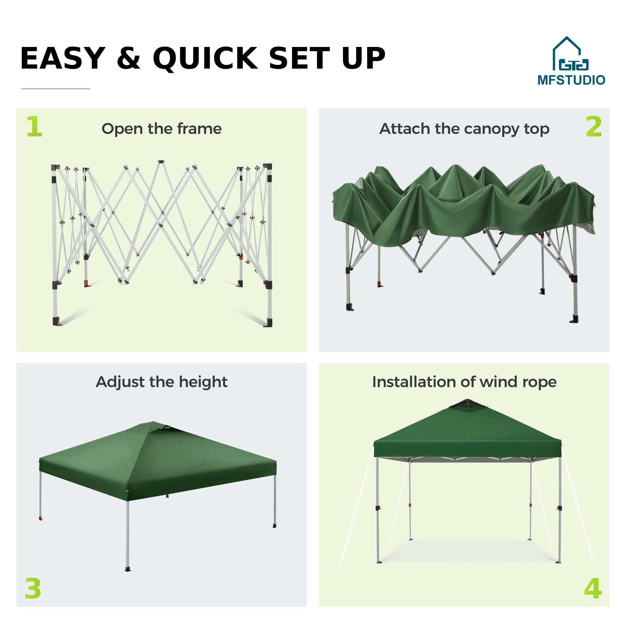 MFSTUDIO 10x10 Pop Up Canopy Tent - Waterproof Gazebo Shelter with Sun Shade, Portable Outdoor Screen Tent for Beach, Backyard, Camping, Parties & Picnics - Green