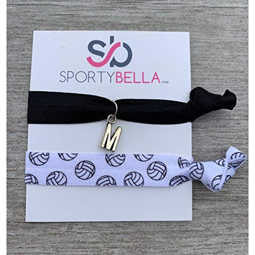 Personalized Volleyball Hair Ties with Letter Charm - No Crease Hair Elastics Set for Volleyball Players | Hair Accessories for Sports & Gifts | Perfect for Volleyball Games, Practice & Team Spirit