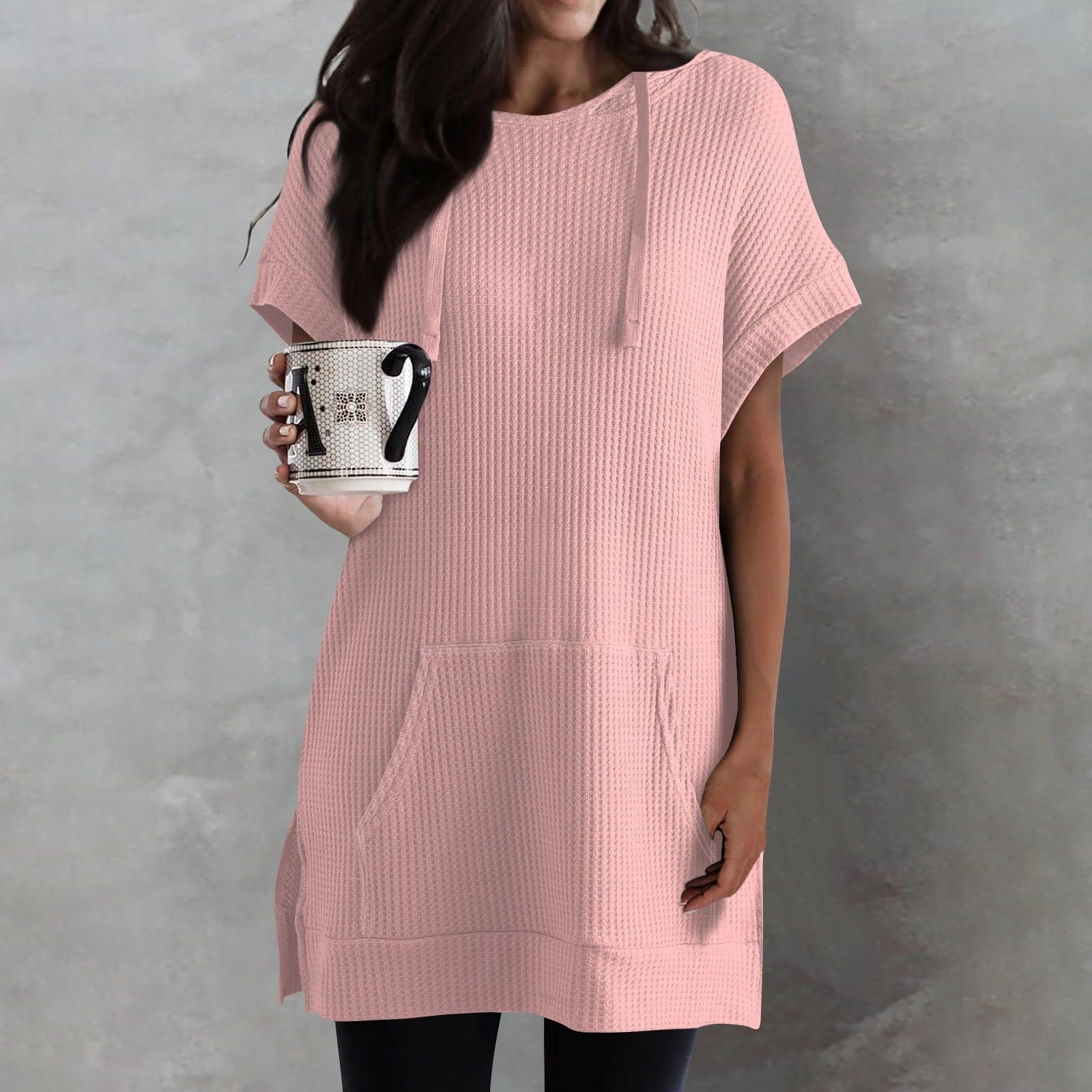 Women's Summer Waffle Knit Tunic Top - Casual Short Sleeve Oversized Shirt with Pockets for Leggings | Crewneck Hoodie Style | Perfect for Yoga, Lounge & Everyday Wear
