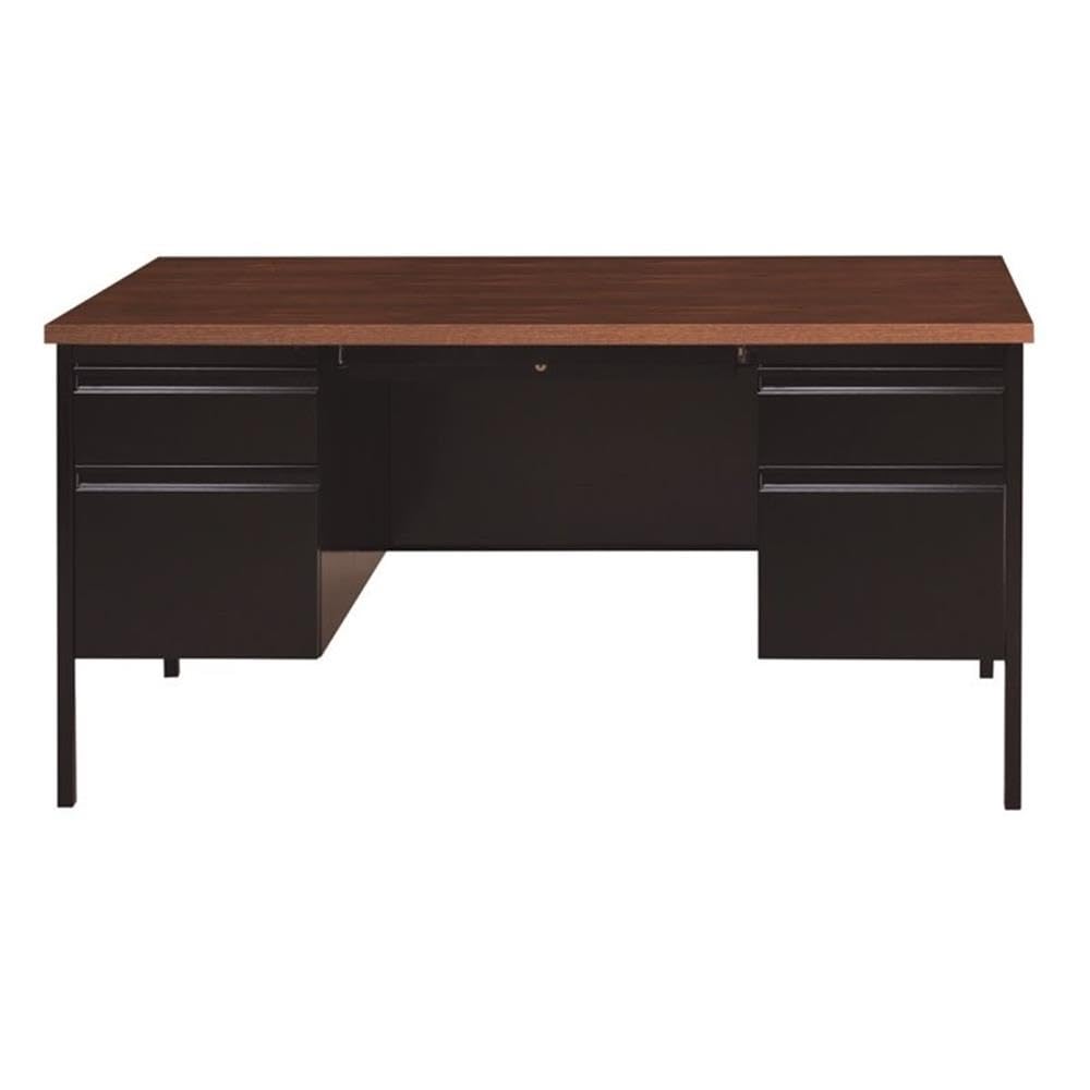 Pemberly Row Double Pedestal Metal Office Desk with Center Drawer - Black/Walnut Finish - Modern Home Office & Workspace Desk for Professionals & Students