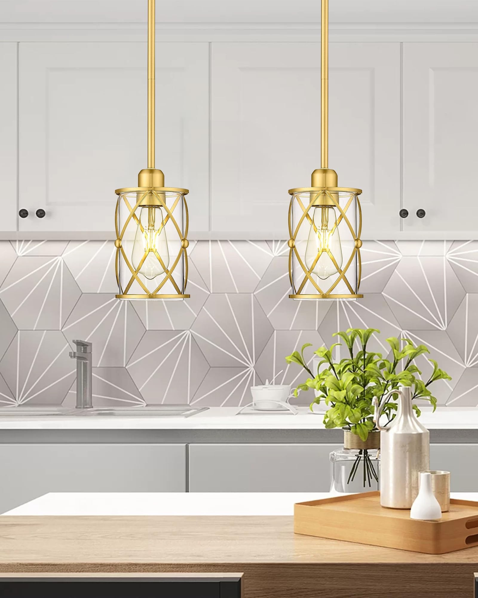 Brushed Gold Pendant Lights for Kitchen Island - 2 Pack Farmhouse Brass Glass Cage Hanging Light Fixture with Rod - Perfect for Kitchen, Dining Room, Bathroom, and Sink Areas - CH9176BG-2PKG