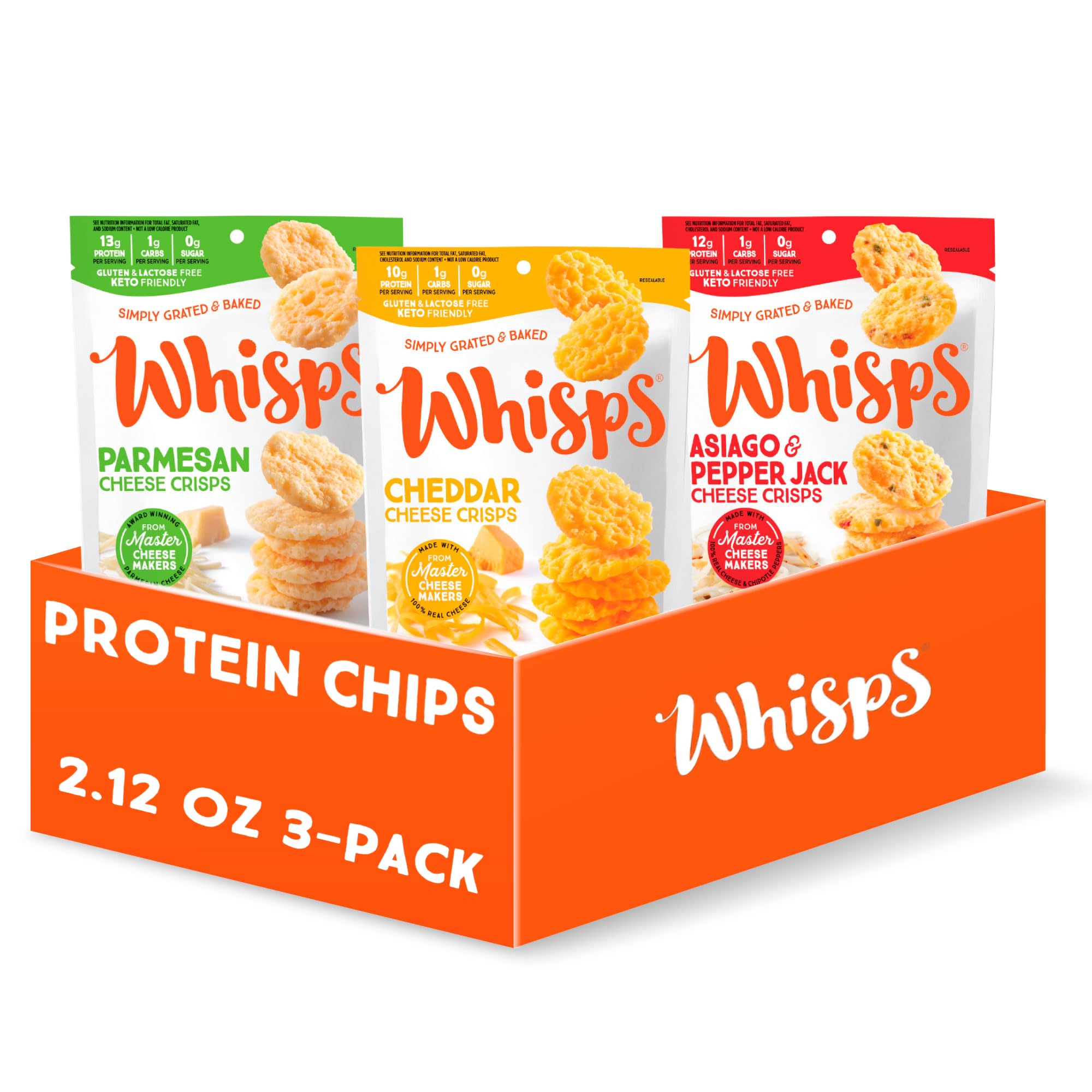 Whisps Cheese Crisps Variety Pack - High Protein, Low Carb, Keto, Gluten Free Snacks | Parmesan, Asiago & Cheddar Flavored Protein Chips (3 Pack, 2.12 Oz Each) | Perfect for Keto Diet, Weight Loss & Healthy On-the-Go Snacking