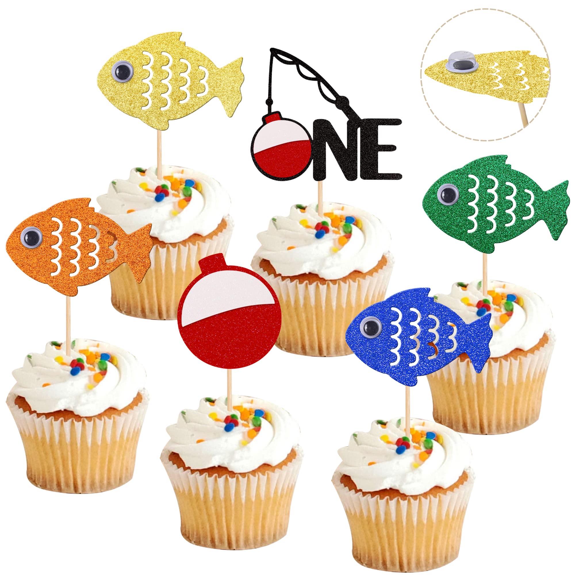 24 PCS 3D Eye Glitter Fishing Bobber Cupcake Toppers - The Big One Fisherman Cupcake Picks for Fishing Theme Party, Baby Shower, Kids 1st Birthday, Anniversary Cake Decorations - Perfect for DIY Baking and Party Supplies