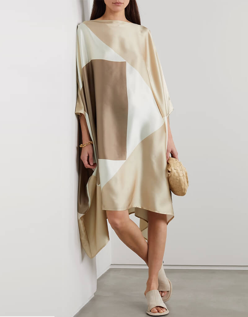Luxury Beige & White Soft Satin Silk Kaftan Dress for Women - Elegant Loungewear & Beach Cover Up - Perfect for Vacation, Bridal Party, and Spa Days