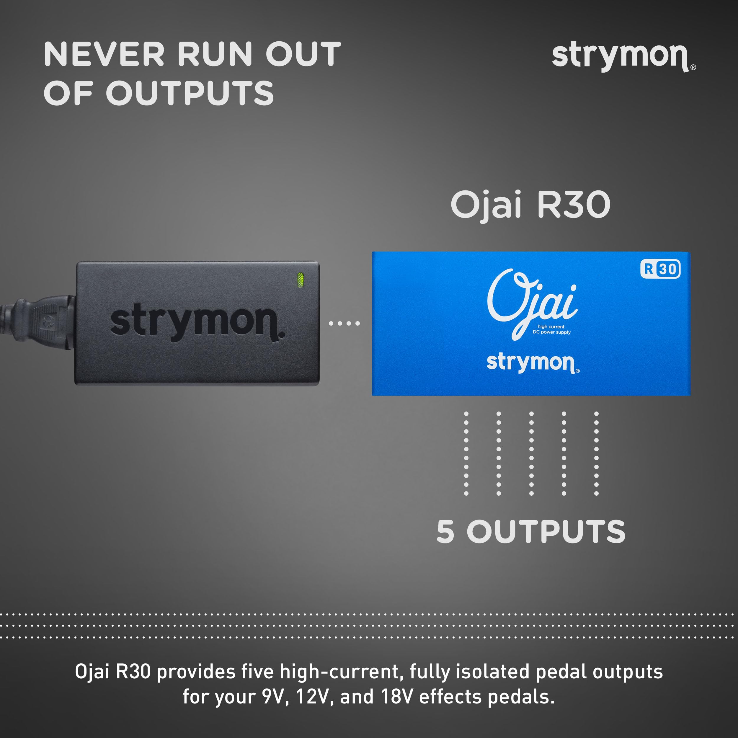 Strymon Ojai R30 Expandable High Current Guitar Pedal Power Supply - 9V/12V/18V Compatible for Effects Pedals - 5 Outputs 500mA Each - Perfect for Pedalboards & Professional Guitar Rigs