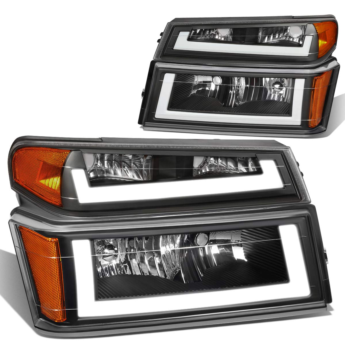 Auto Dynasty 4Pcs Dual LED DRL Headlights & Bumper Lamps - Compatible with Chevy Colorado, GMC Canyon, Isuzu I-Series 2004-2012 - Black Housing with Amber Corner - Upgrade Your Truck's Style & Visibility for Night Driving & Off-Road Adventures