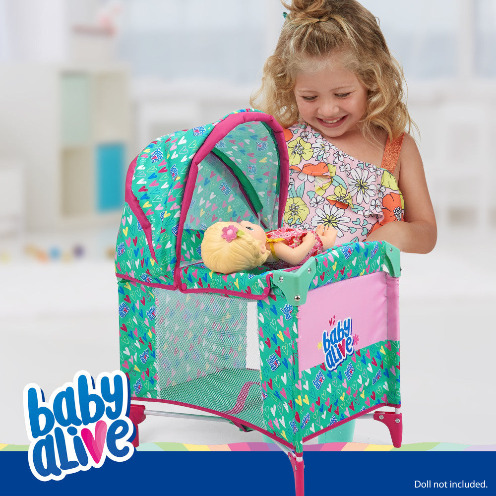 Baby Alive Deluxe Doll Play Yard with Canopy - Green & Pink Hearts Design for Toddlers | Indoor & Outdoor Pretend Play, Backyard Fun, Birthday Gift for Girls