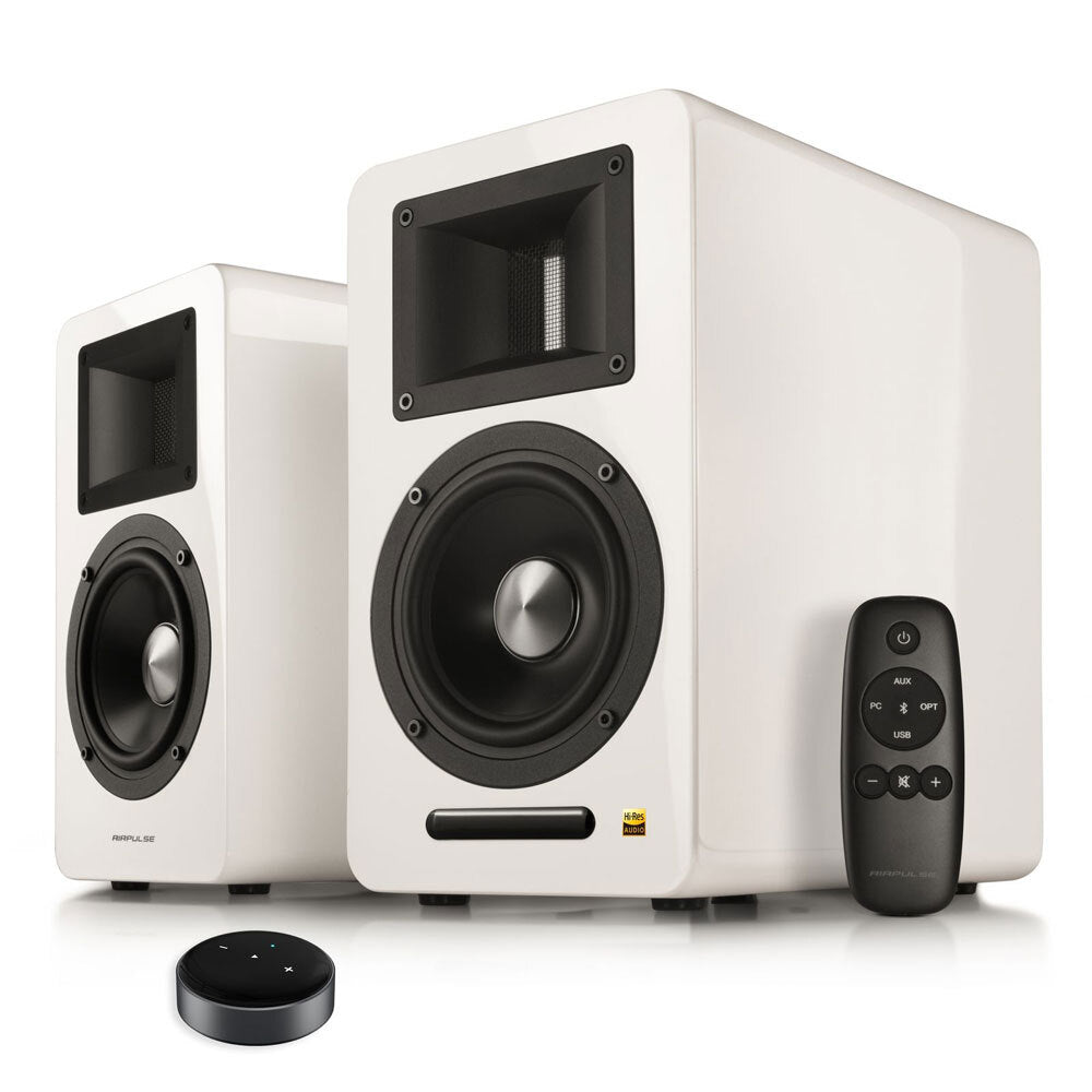 Airpulse A100 Active Wireless Bookshelf Speakers with WiiM Mini (White) - Hi-Fi Audio System for Home Theater, Gaming & Music Streaming