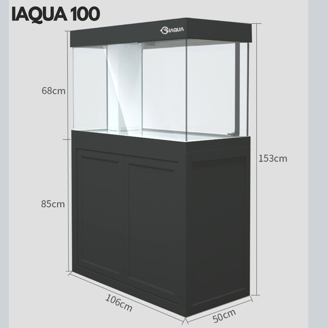 IAQUA 100 Gallon Crystal Clear Glass Aquarium Tank with Sump & Aluminum Cabinet - Premium Saltwater & Freshwater Fish Tank for Home, Office & Commercial Use