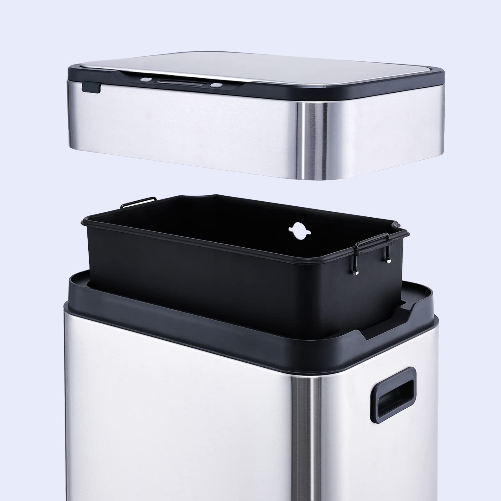 ELPHECO 12 Gallon Stainless Steel Motion Sensor Trash Can - Brushed Metal, No Inner Bucket, Large Capacity with Wooden Legs for Modern Kitchen & Office Use