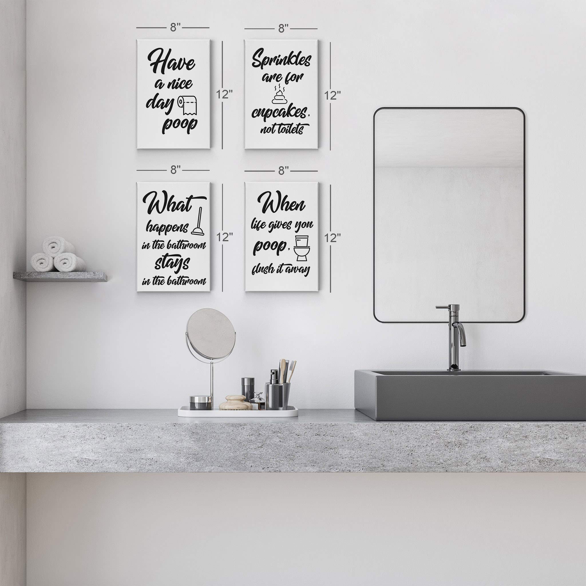Funny Bathroom Wall Art Set - 4 Piece Canvas Prints with 'What Happens in the Bathroom' Quote - Ready to Hang Decor (28x19 inches each) - Perfect for Toilet Humor & Bathroom Decor Ideas