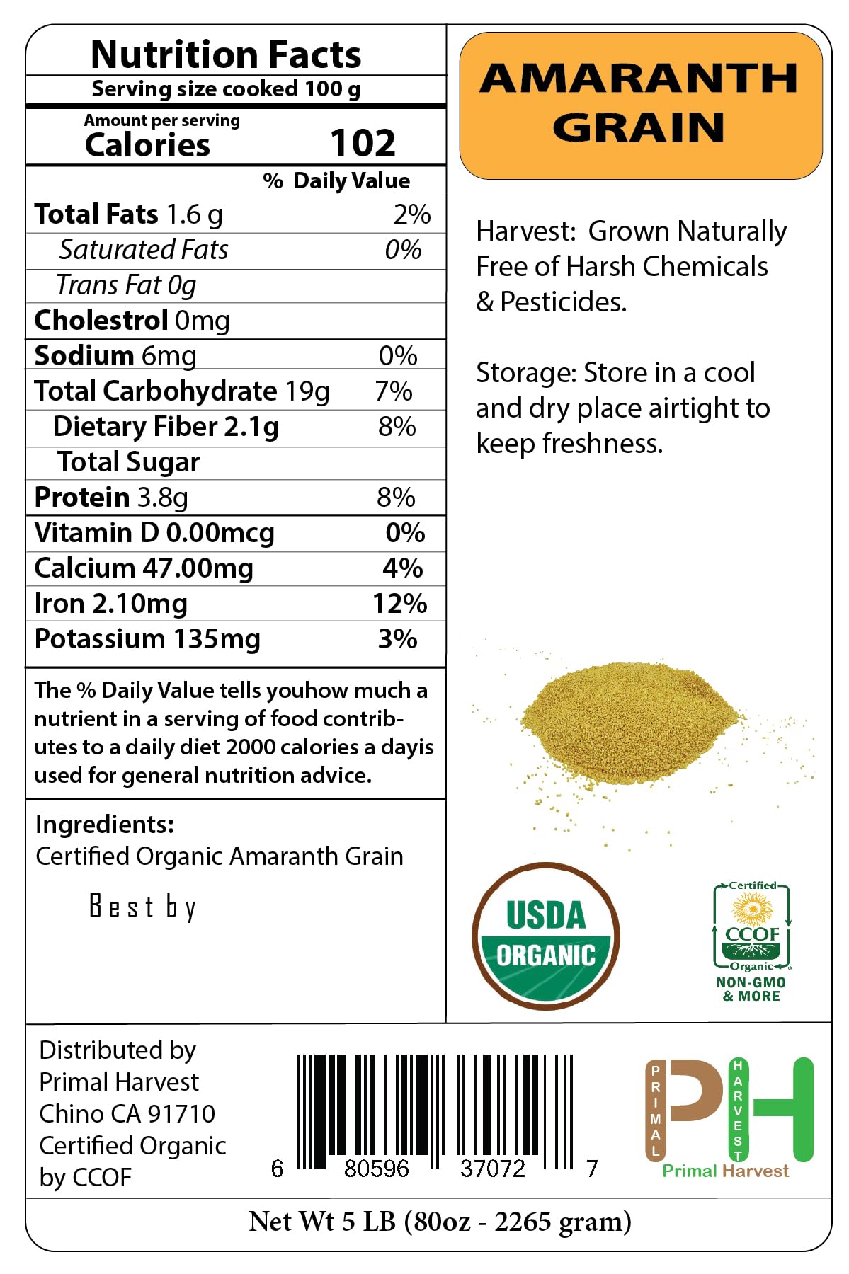 Organic Whole Grain 100% Natural Amaranth Seeds - Non-GMO, Raw, Gluten-Free (6 LB Bulk) - Perfect for Baking, Smoothies & Healthy Breakfast Recipes