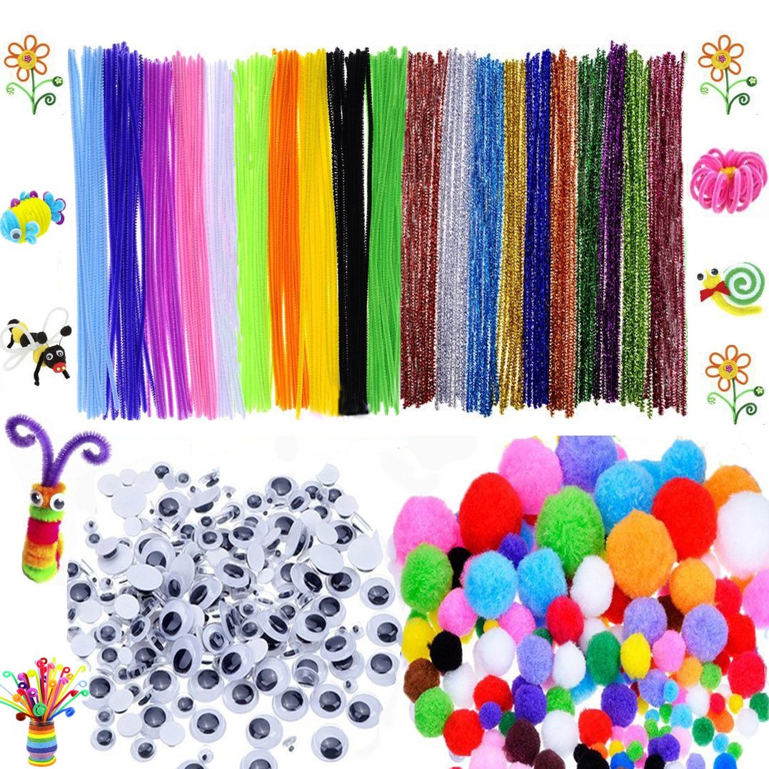 600 Pcs Craft Supplies Set - 200 Chenille Stems Pipe Cleaners, 150 Self-Adhesive Wiggle Googly Eyes, 250 Pompoms for DIY Art Projects, School Classroom Activities & Kids Holiday Decorations by BellaBetty