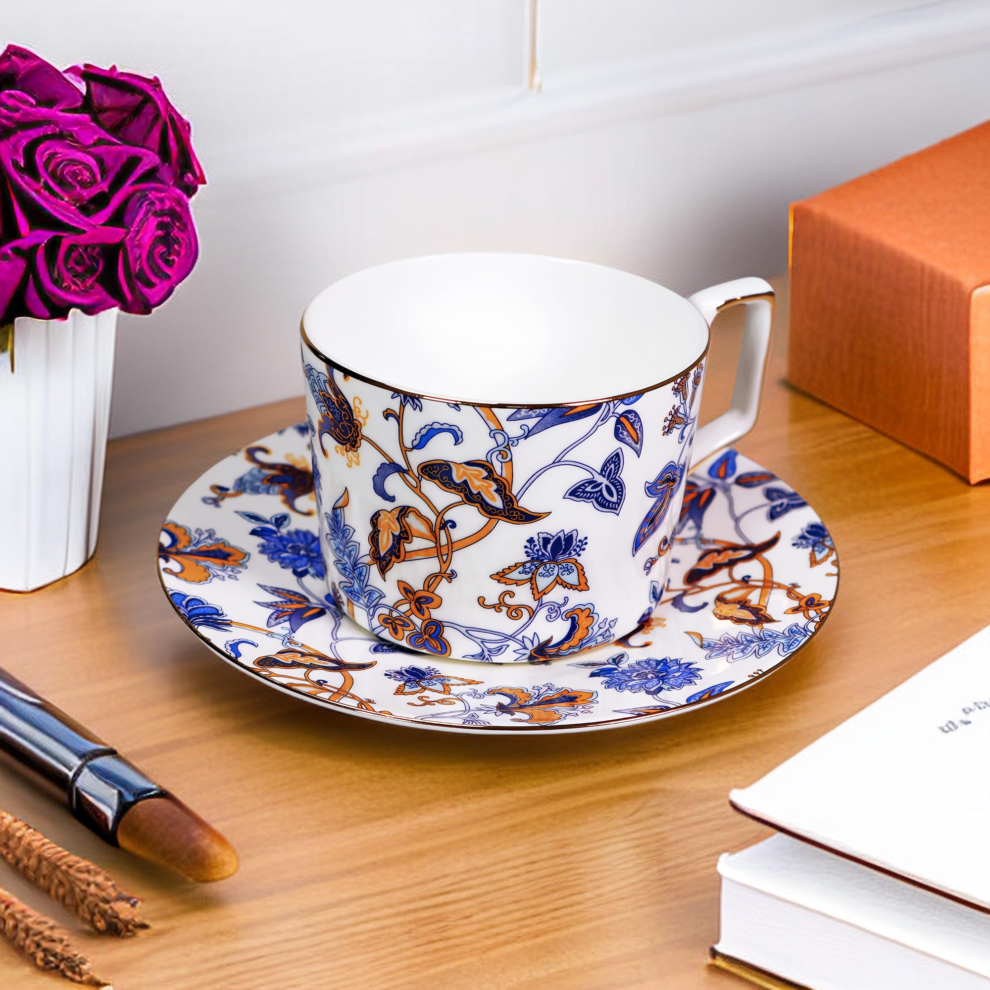 8.5 oz Floral Bone China Tea Cup and Saucer Set - Elegant Coffee & Tea Drinking Set for Women, Perfect Gift for Mom, Friends & Tea Parties (Home, Office, Bridal Shower, Mother's Day)