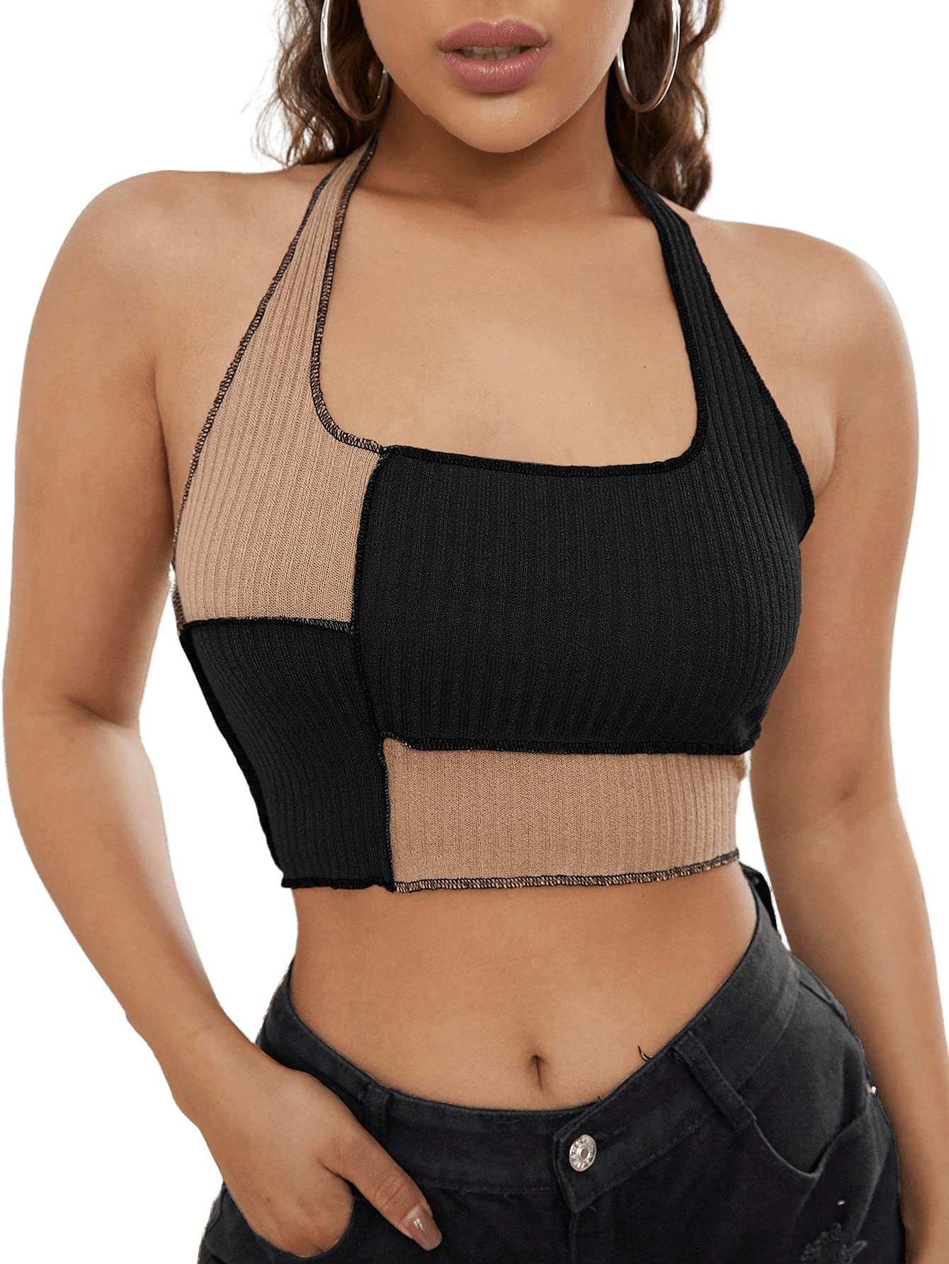 SOLY HUX Women's Halter Color Block Ribbed Knit Casual Crop Cami Top - Sexy Summer Tank Tops for Beach, Party & Daily Wear