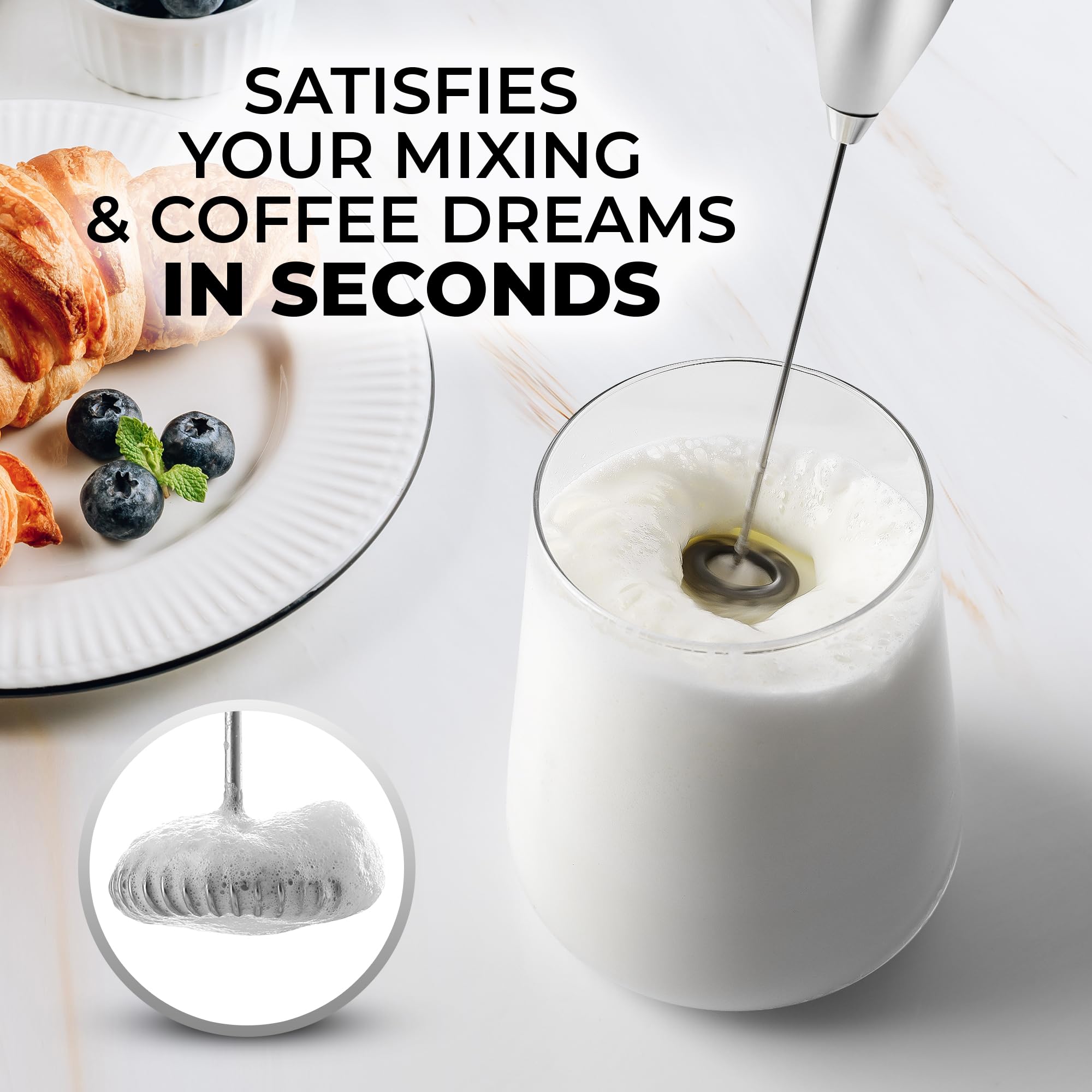 Premium Handheld Milk Frother with Titanium Motor - Electric Whisk & Mini Mixer for Coffee, Latte, Matcha - Perfect for Home, Office & Cafe Use - Silver/Black