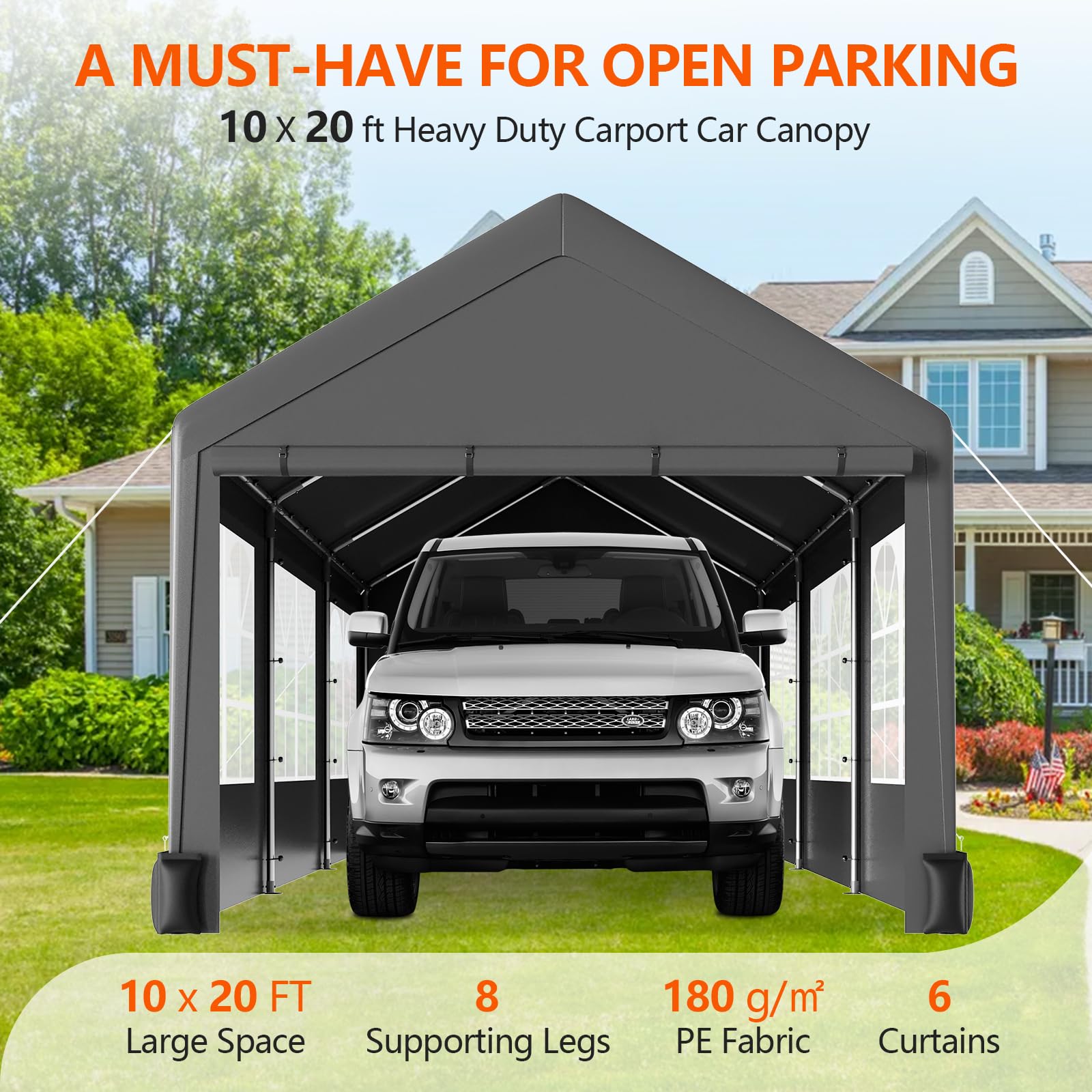 10x20 Heavy Duty Portable Carport Canopy - All-Season Waterproof Car Tent Garage with 6 Roll-Up Windows, Metal Roof & 4 Sandbags - Ideal for Car, SUV, Truck & Boat Storage, Outdoor Events, Camping & Backyard Use (Grey)
