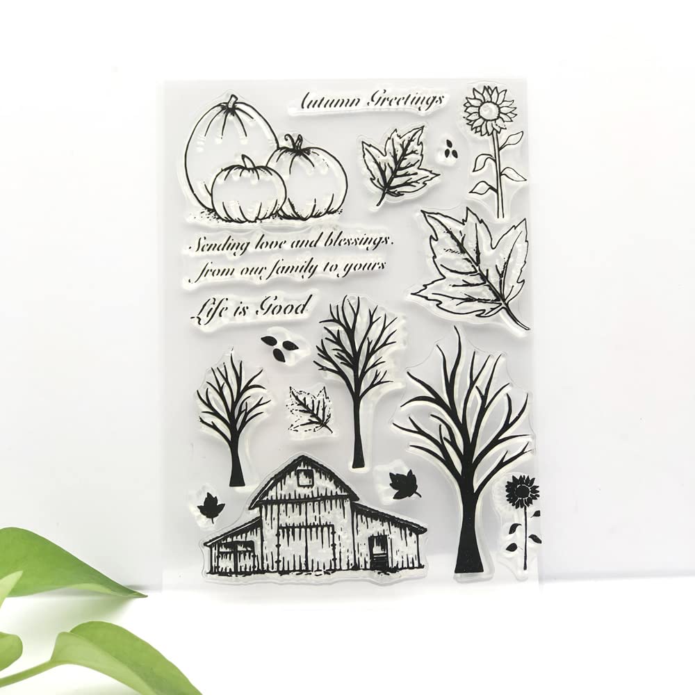 4.3×6.3 Inch Fall Pumpkin Wooden House Clear Stamps - Tree Leaves Sunflower Silicone Stamps for Scrapbooking, Card Making, Thanksgiving, Christmas & Birthday Crafts - Perfect for DIY Greeting Cards, Journals, and Home Decor Projects