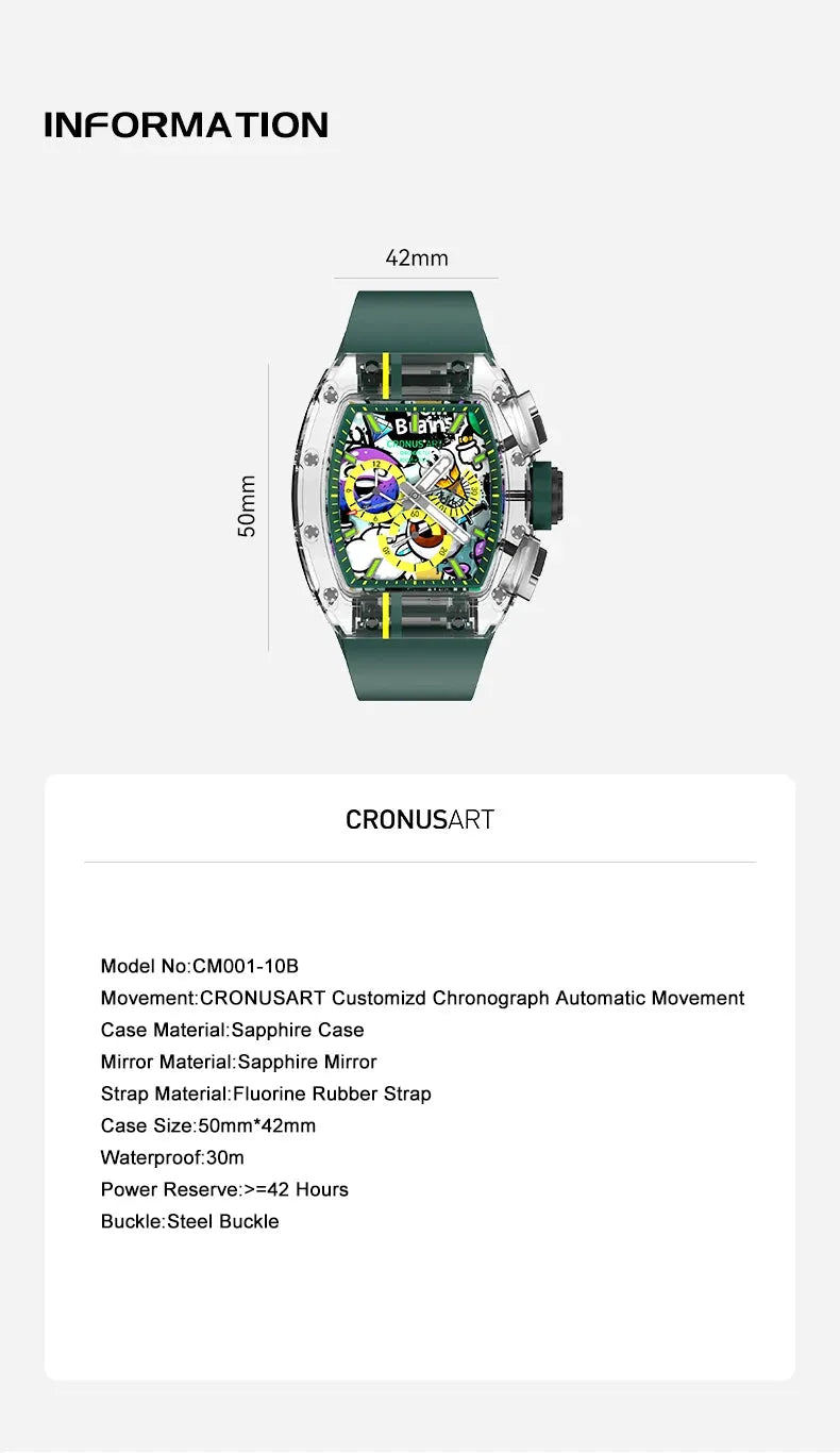 CRONUSART Men's Chronograph Watch - Tonneau Sapphire Crystal Case, Automatic Mechanical Wristwatch with Luminous Hands, Skeleton Dial & Triple Calendar Display - Durable Fluororubber Strap for Business, Casual & Outdoor Activities